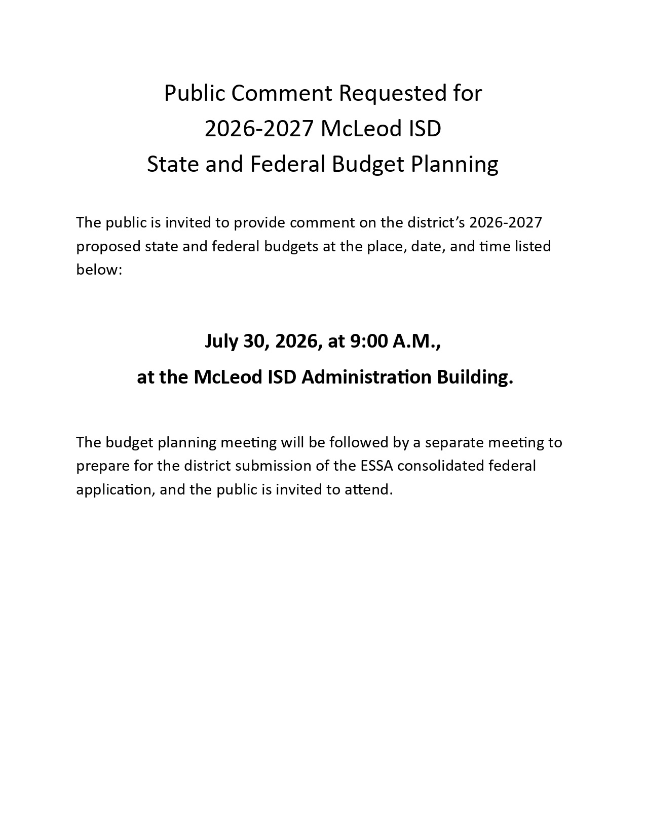 Public Comment for State and Federal Budget Planning