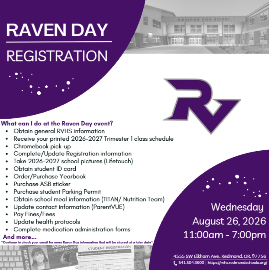 Poster for Raven Day Registration at Ridgeview High School on August 26, 2026.