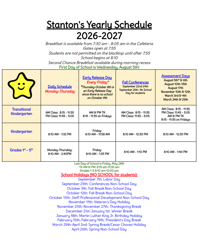 Stanton's Yearly Schedule
