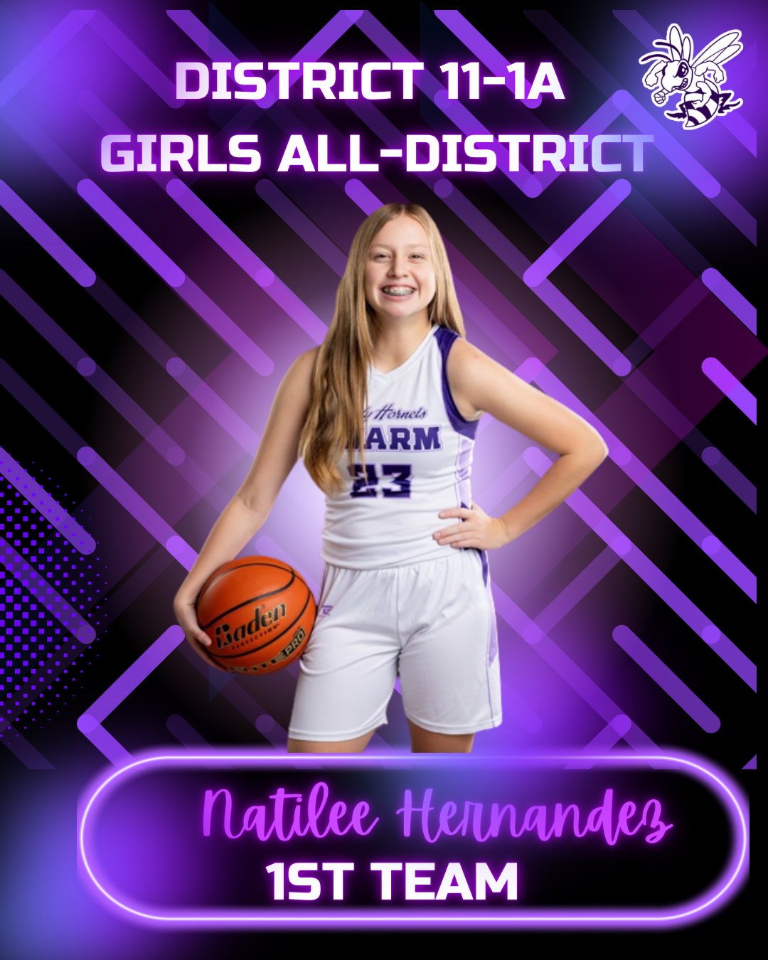 A young female basketball player, Natilee Hernandez, is recognized as 1st Team All-District.