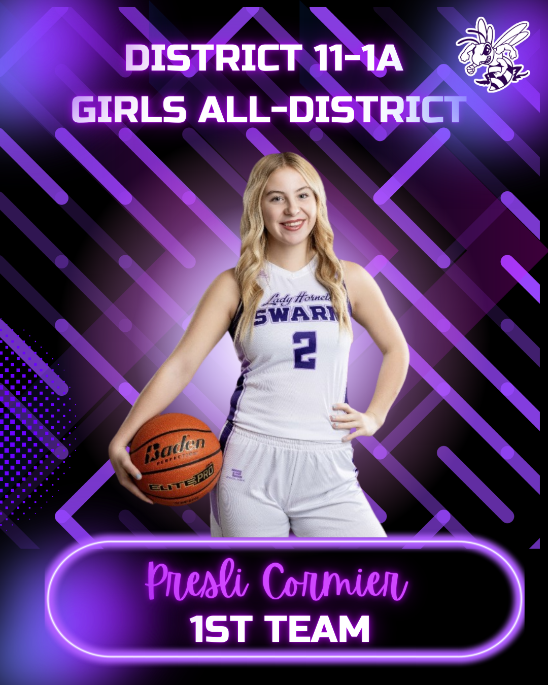 Presli Cormier, a basketball player, is recognized as 1st Team All-District for District 11-1A.