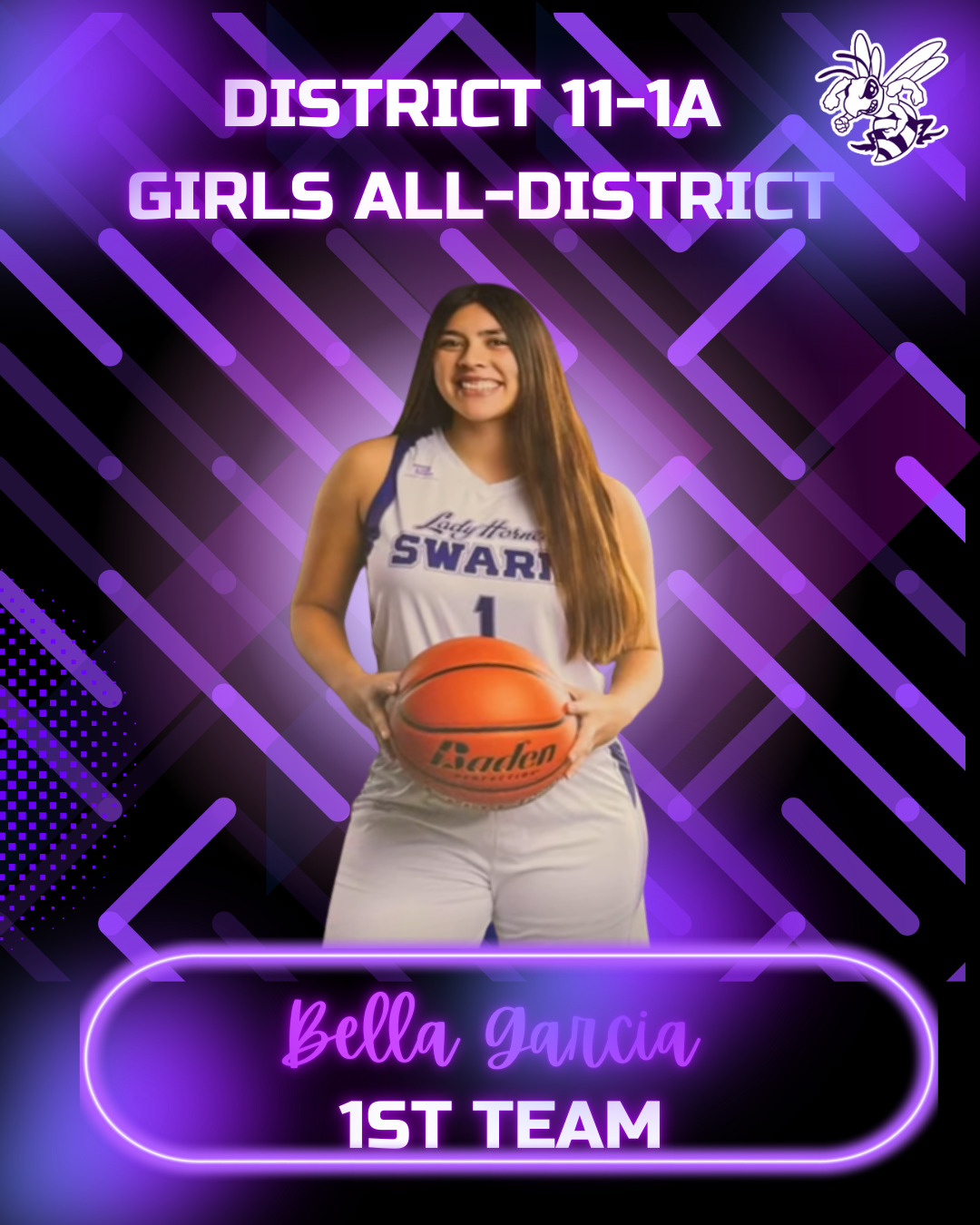 A young woman in a basketball uniform holds a basketball, with text indicating "District 11-1A Girls All-District" and "Bella Garcia 1ST TEAM".