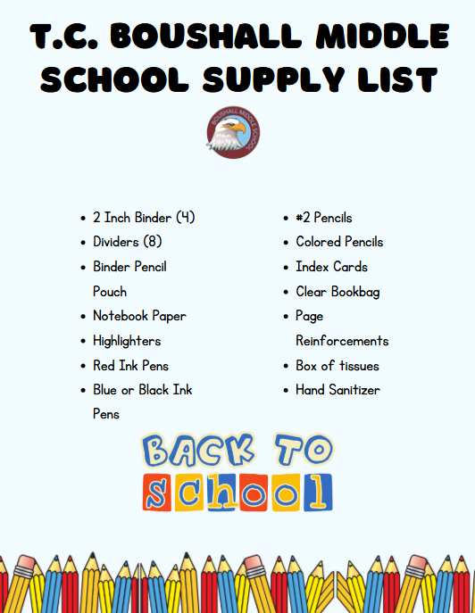 Check Out Thomas C. Boushall Middle School's Back to School Supply Lists!