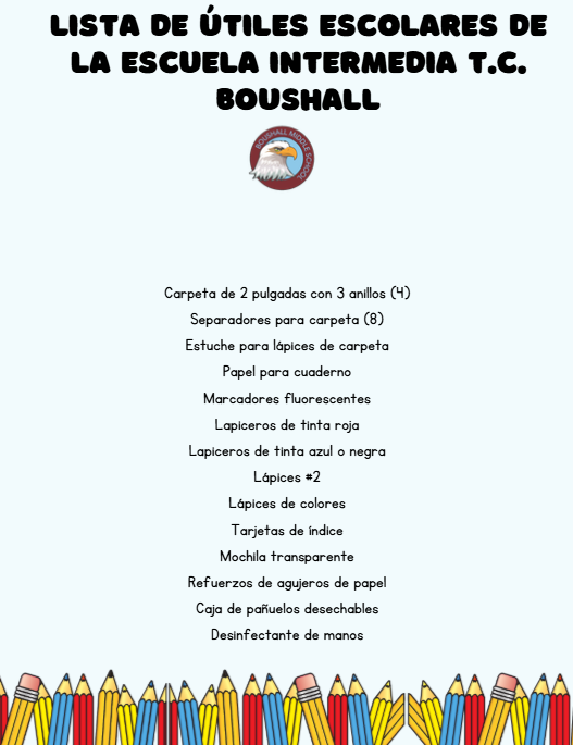 A school supply list for T.C. Boushall Middle School, featuring a list of items in Spanish.