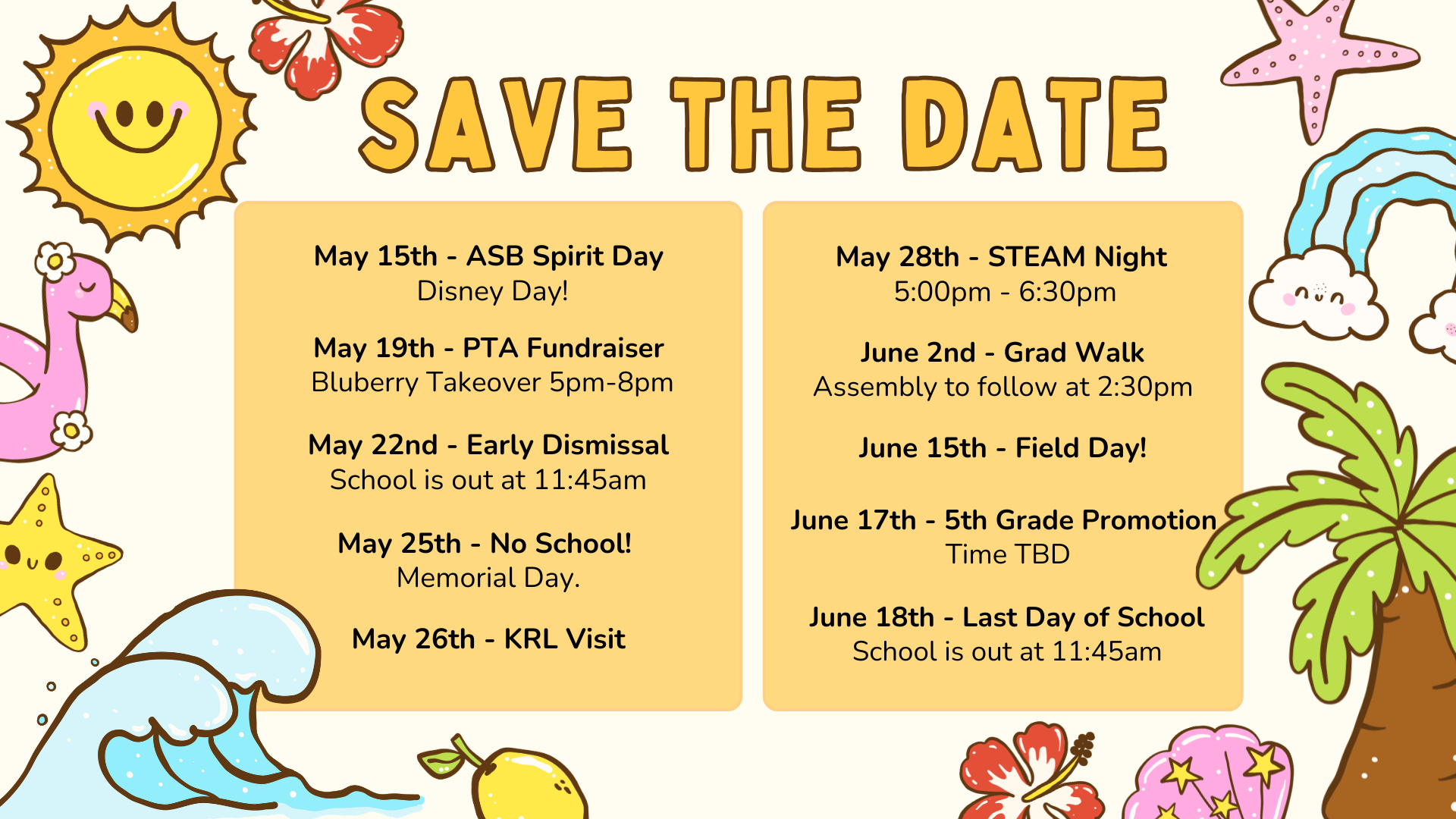 Mark your 📅calendars Save the Date for upcoming events happening here at Woodlands Elementary