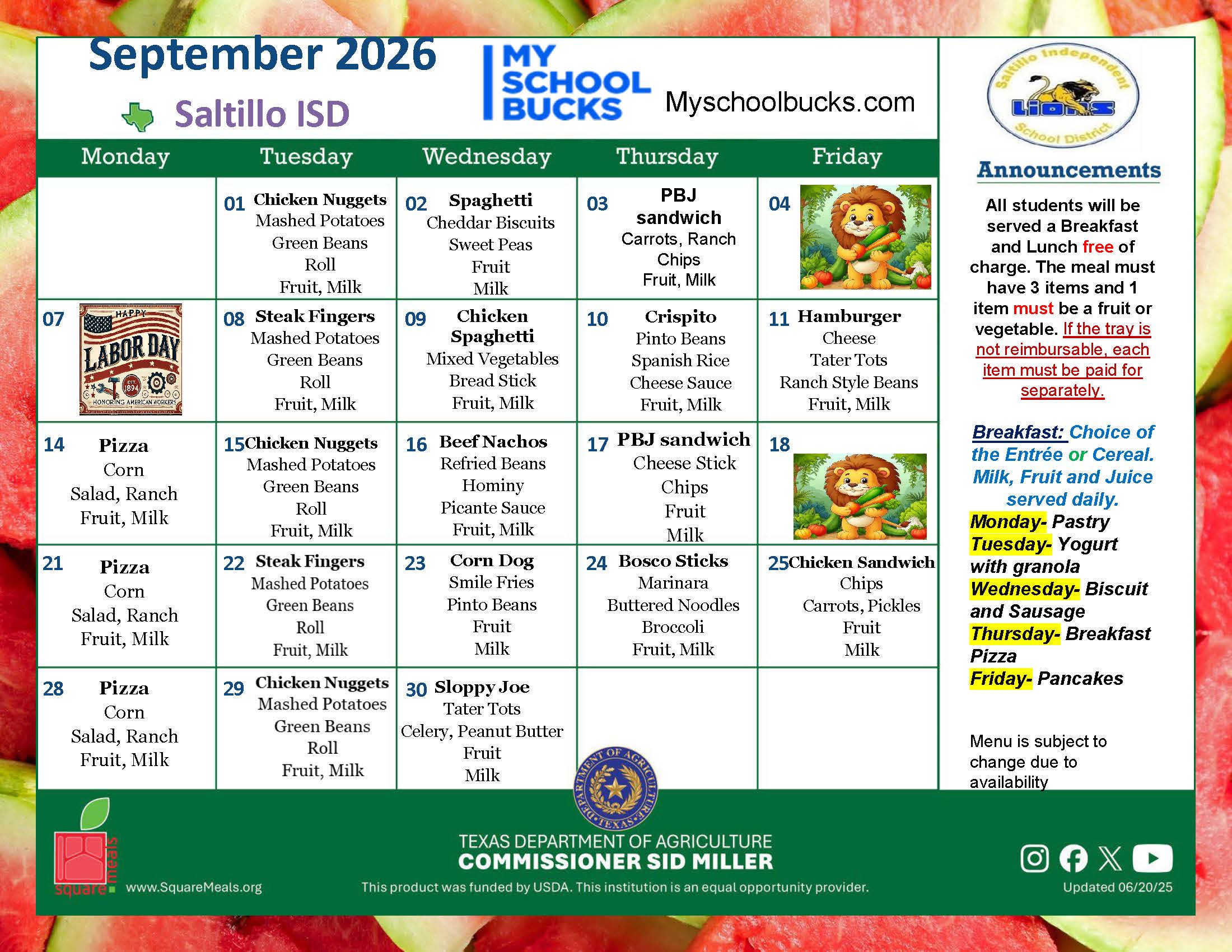 September Lunch Menu