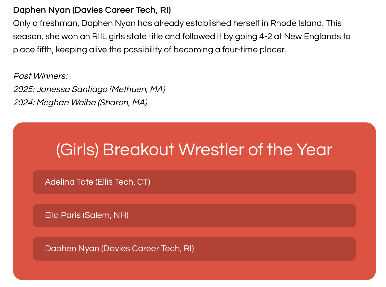 Daphen Nyan from Davies Career Tech, RI, is recognized as a top wrestler.