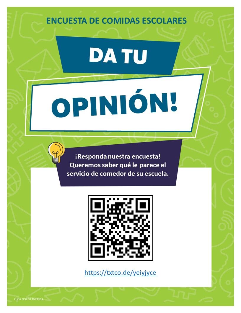 Poster for a school lunch survey with the title 'DA TU OPINIÓN!' (Give your opinion!).