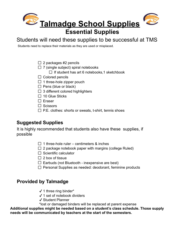School Supplies List
