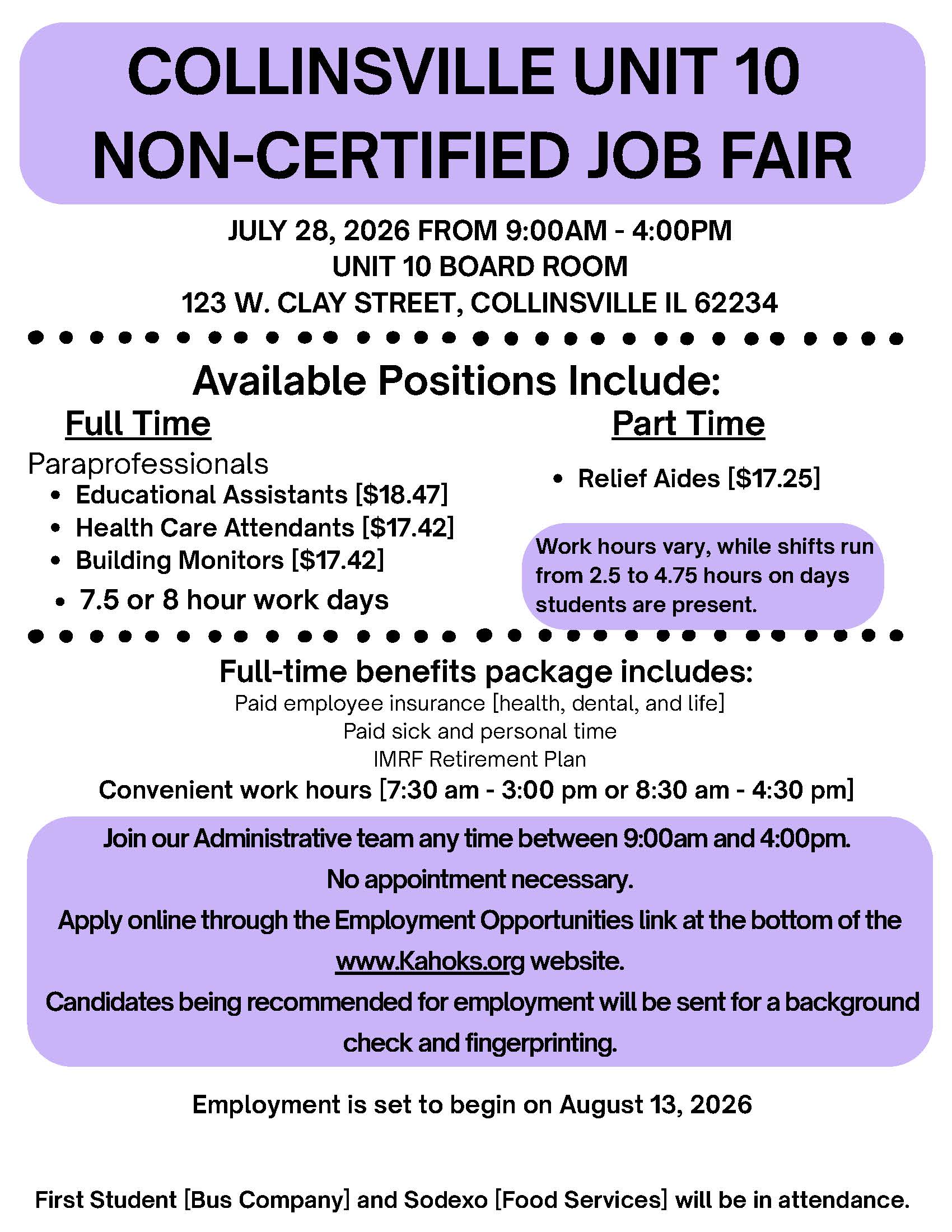 Join the Kahok Family! Collinsville Unit 10 Non-Certified Job Fair – July 28