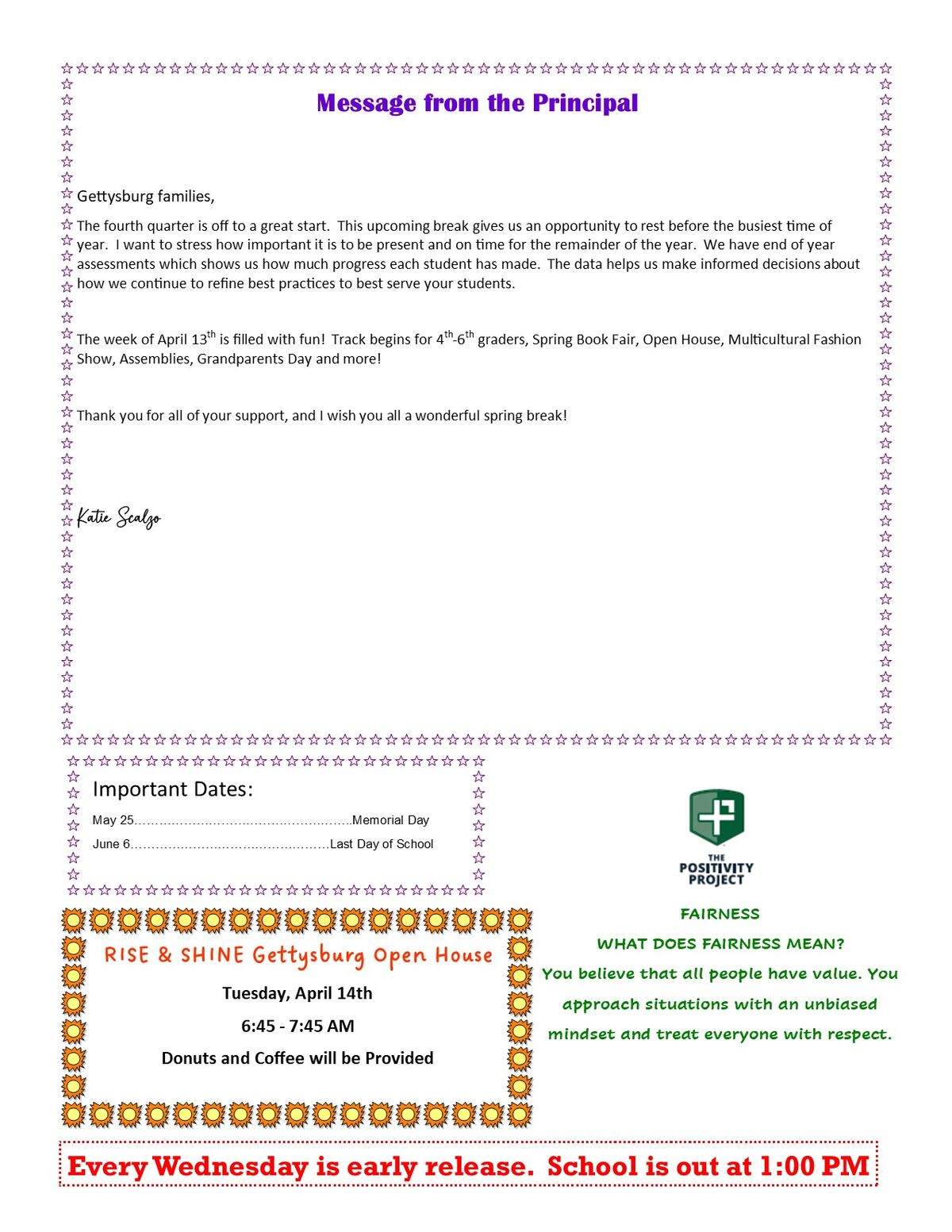 A school newsletter titled 'Message from the Principal' with decorative stars and a signature.