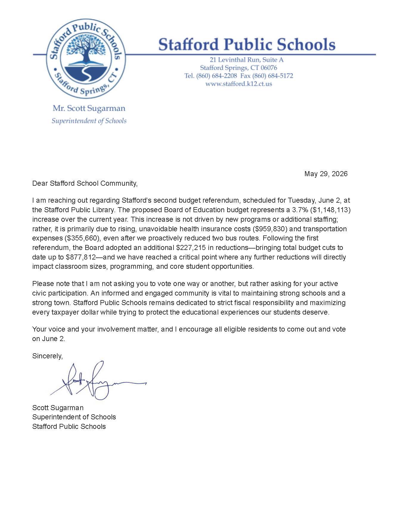 Letter from Stafford Public Schools Superintendent Scott Sugarman regarding a budget referendum.
