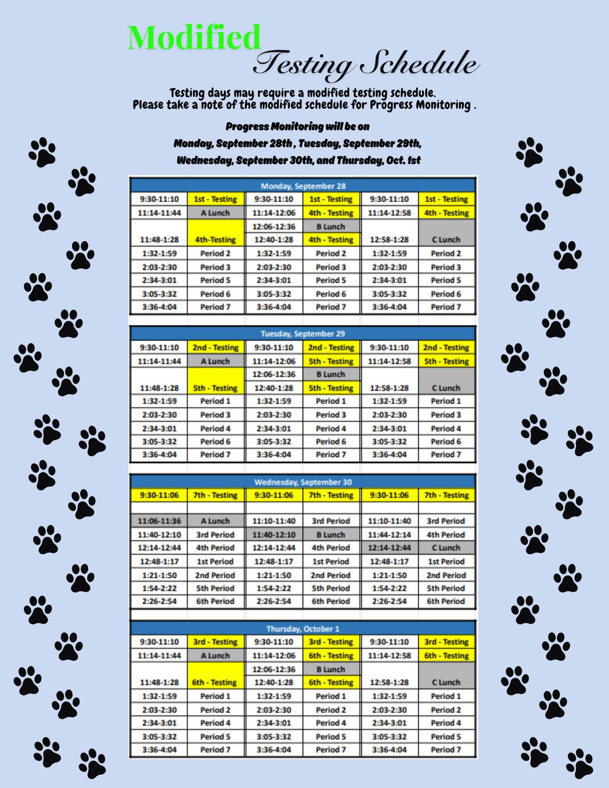 A school's modified testing schedule for Progress Monitoring on September 28th through October 1st, framed by black paw print borders.