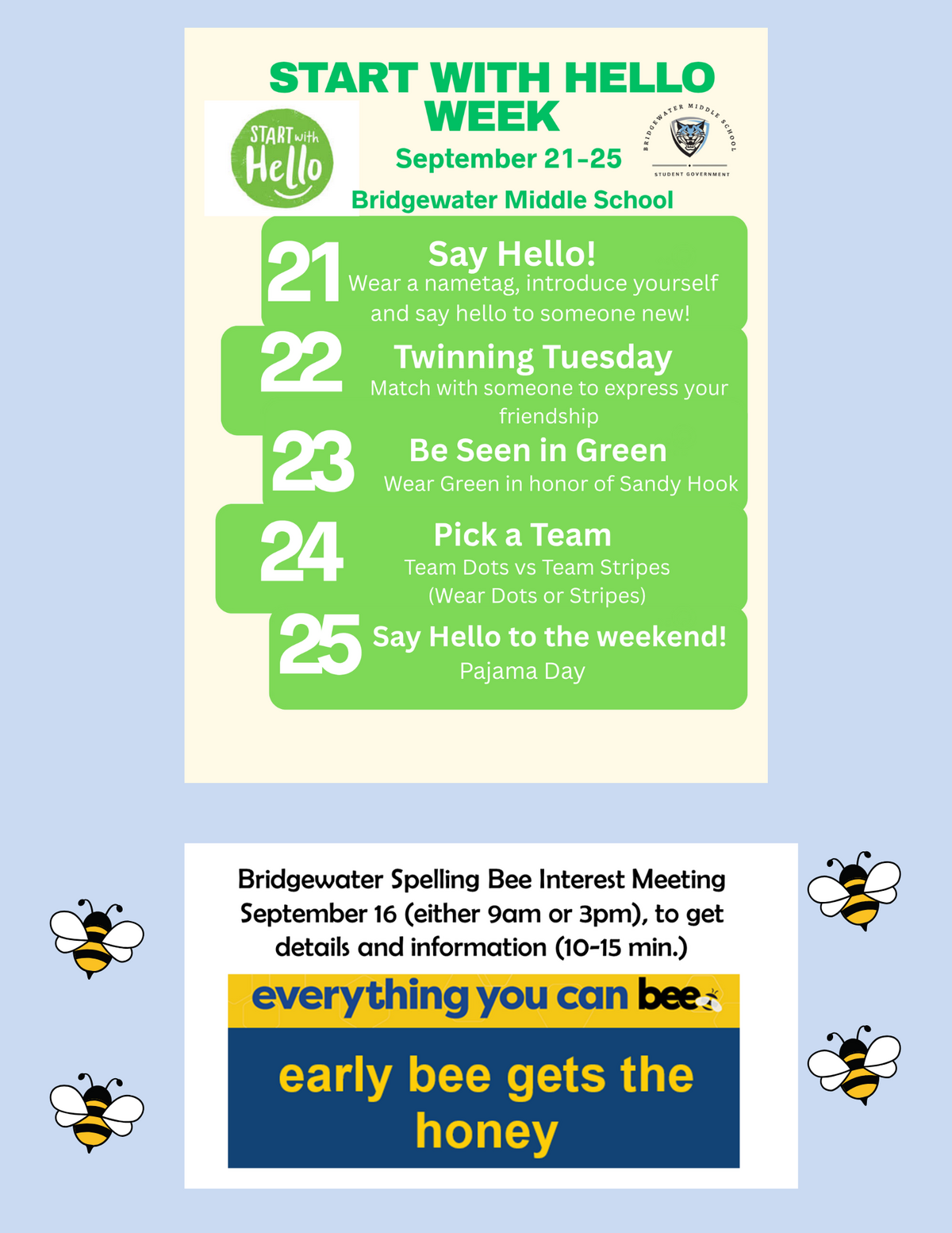 A school flyer for 'Start with Hello Week' from September 21-25 at Bridgewater Middle School, listing daily themes like Twinning Tuesday and Pajama Day.