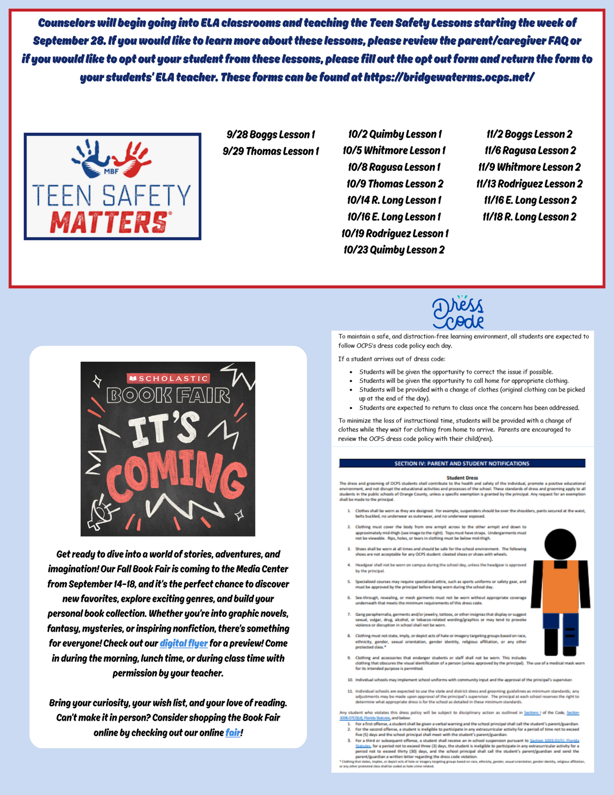 A digital flyer with announcements about Teen Safety Lessons, a Scholastic Book Fair, and the school dress code policy.