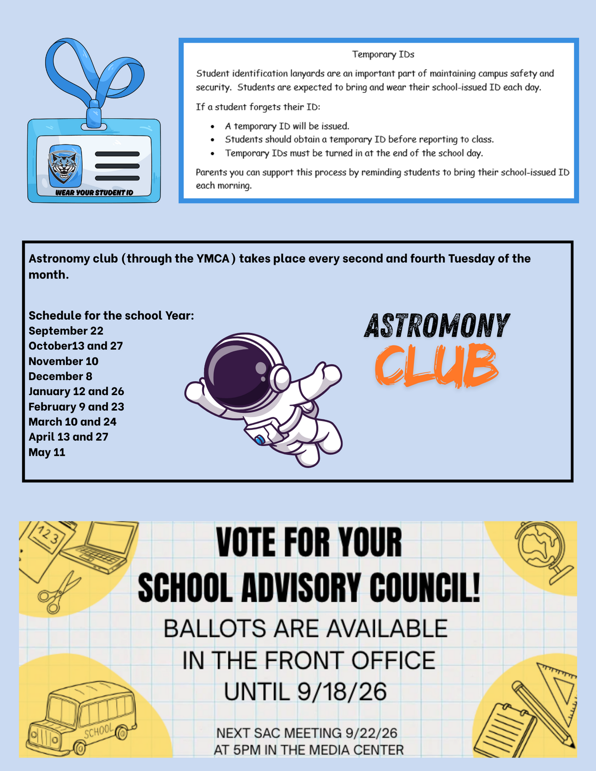 A flyer featuring three informational sections about temporary IDs, an astronomy club schedule, and school advisory council voting details.