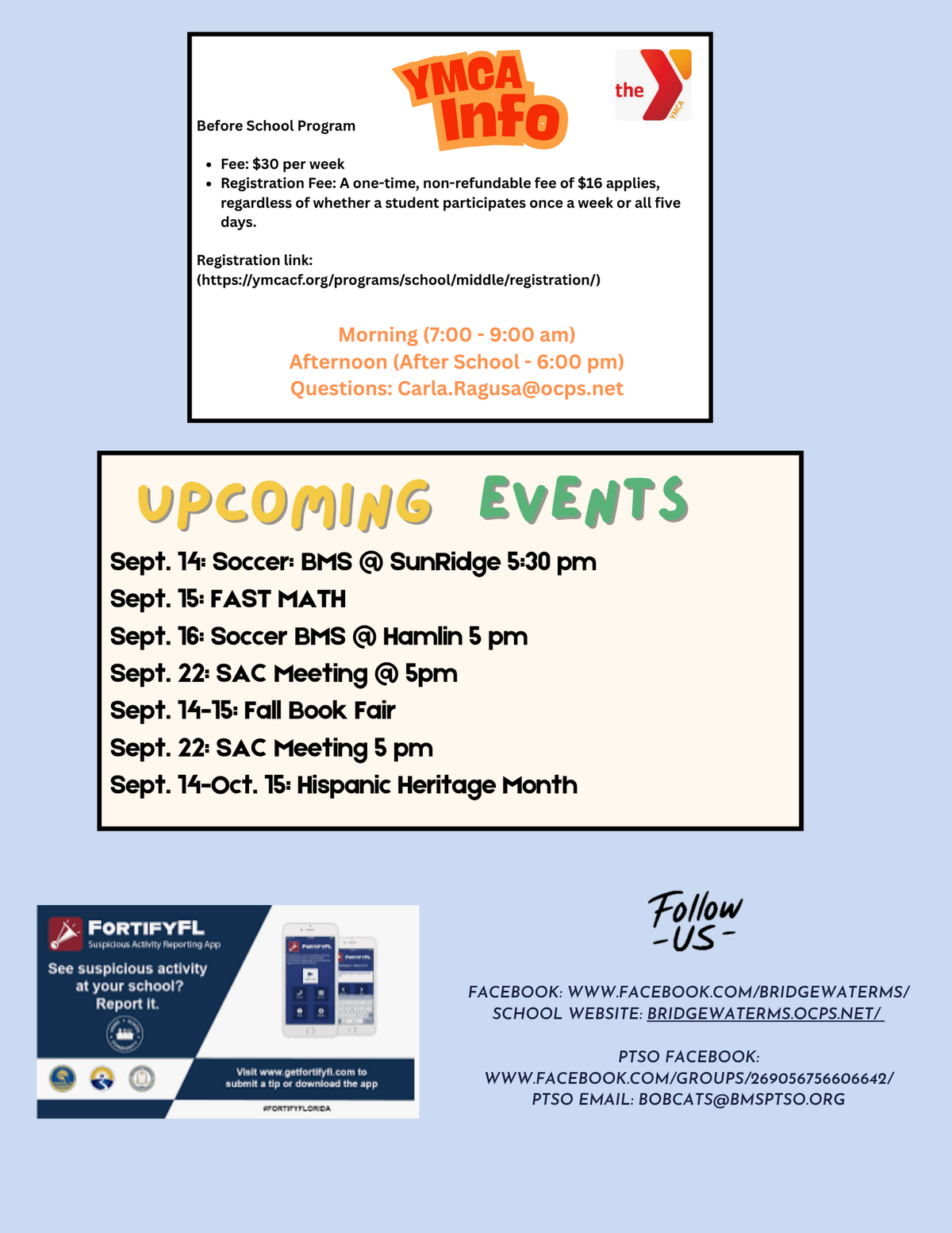 A flyer displaying YMCA Info with program details, fees, and schedule, plus contact email for Carla Ragusa.