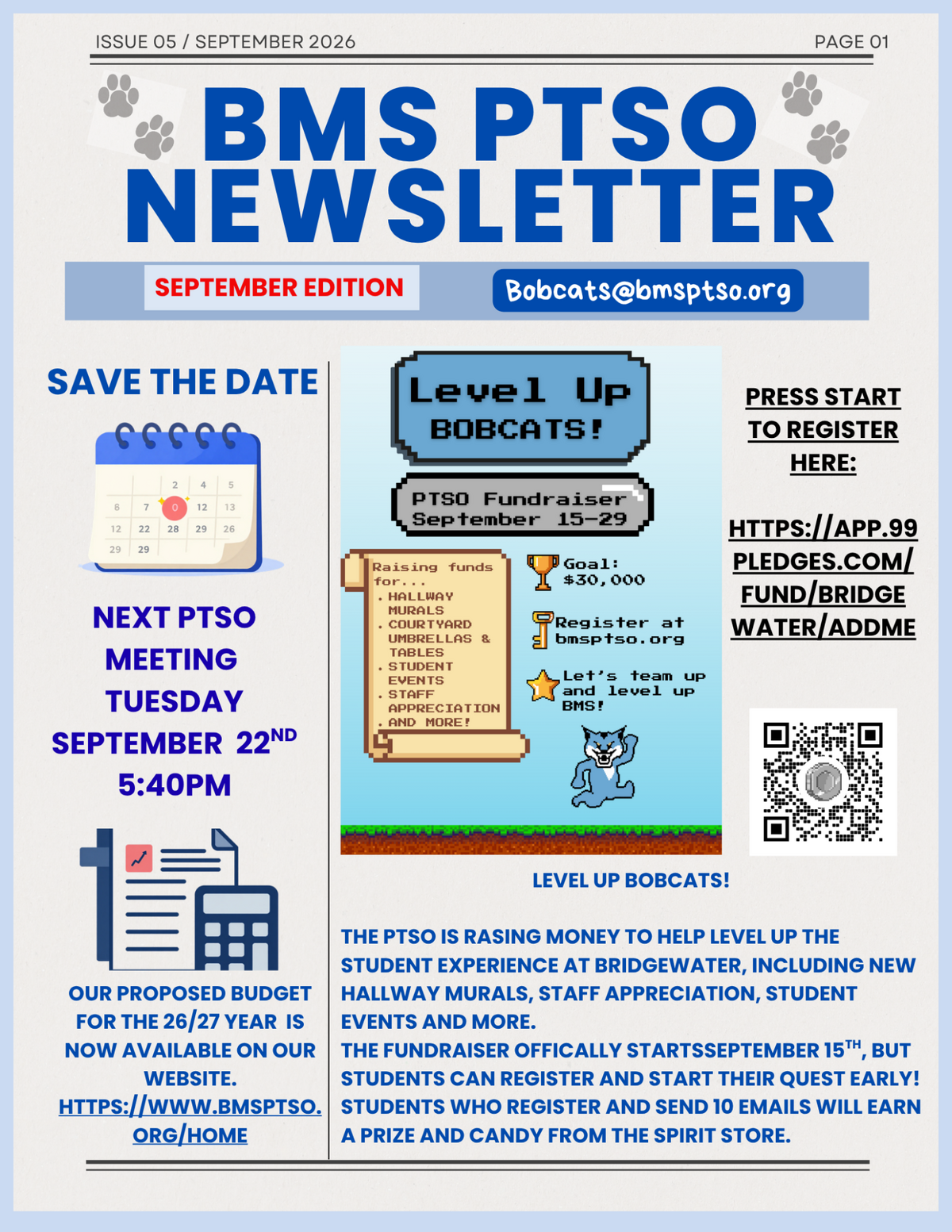 The BMS PTSO Newsletter for September 2026, featuring a 'Level Up Bobcats!' video game theme, fundraiser details, and budget information.