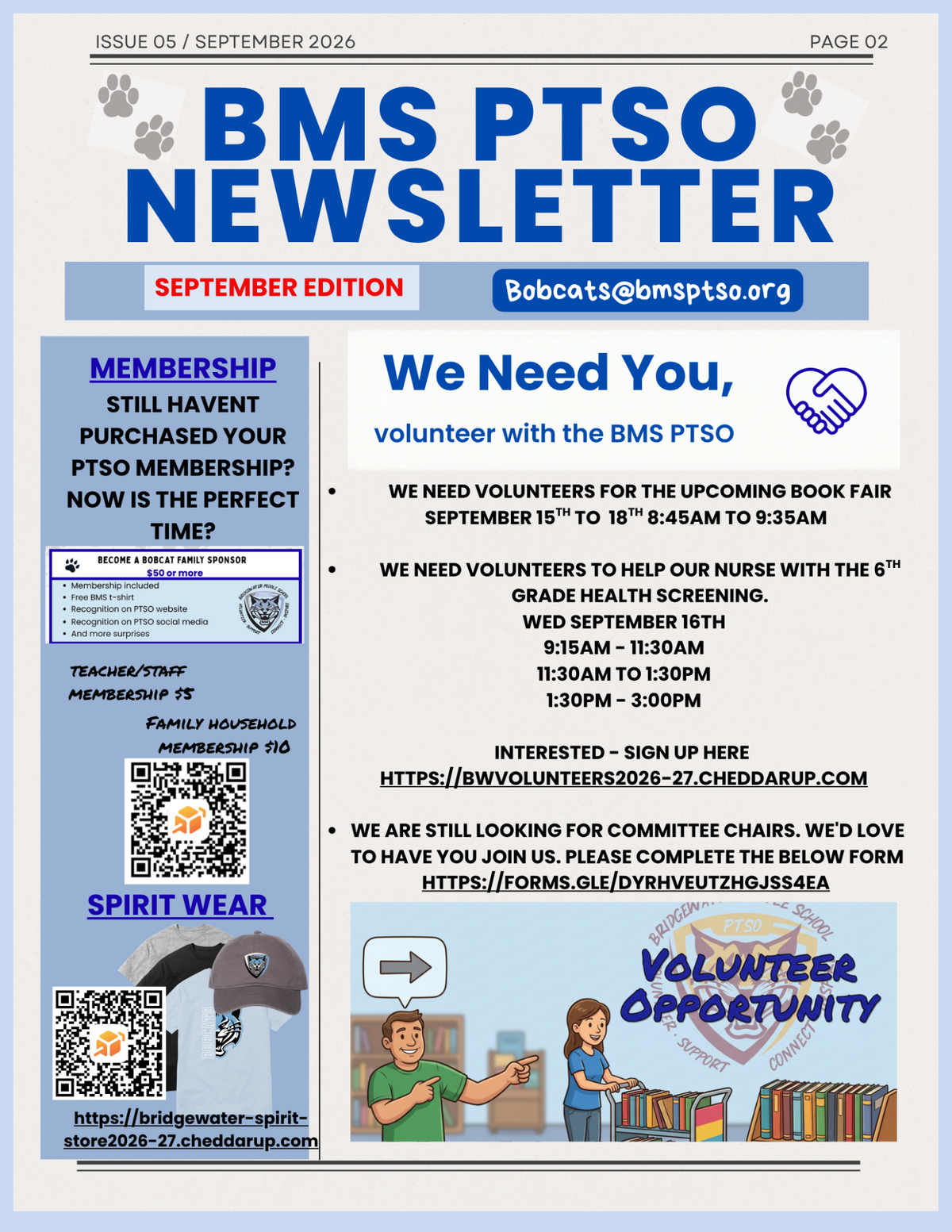 A digital newsletter titled "BMS PTSO Newsletter" for September 2026, containing information about membership, volunteer opportunities, and spirit wear.