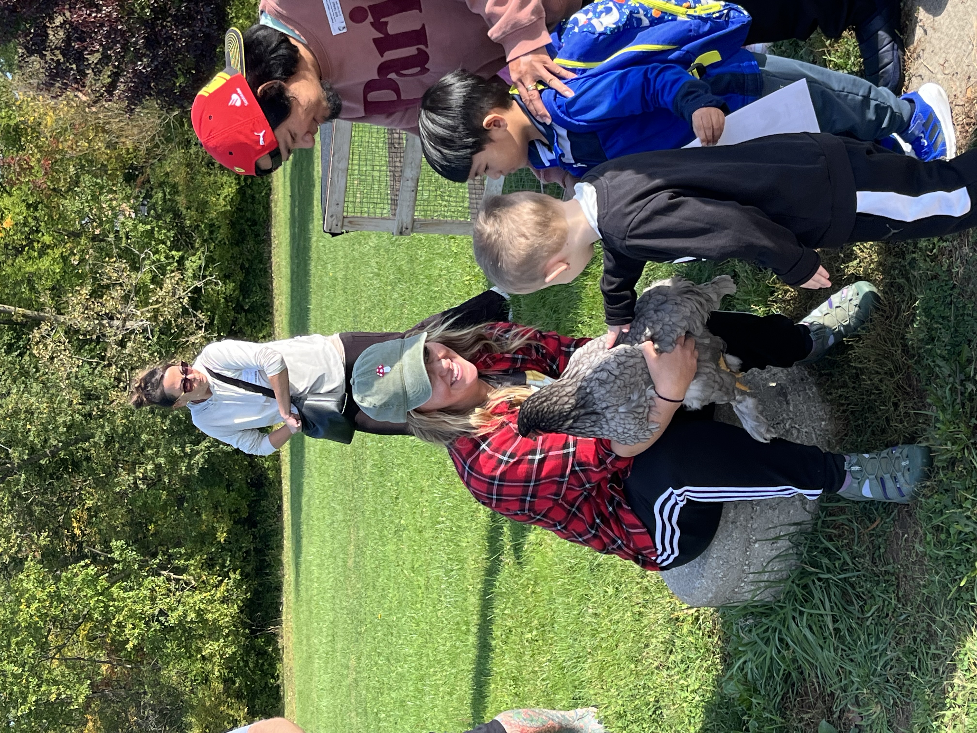 volunteer holds a chicken for students to pet