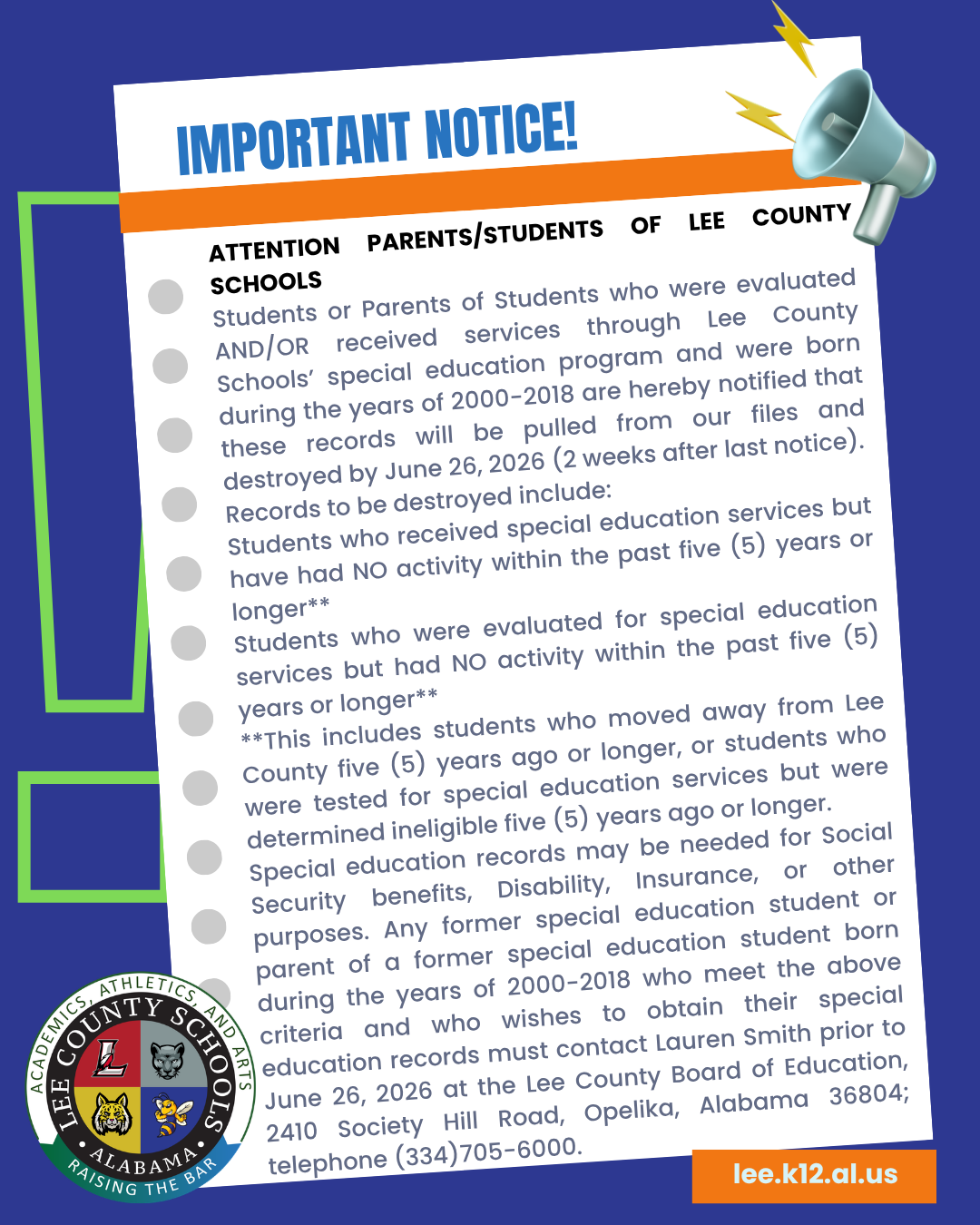 Notice of Destruction of Special Education Records