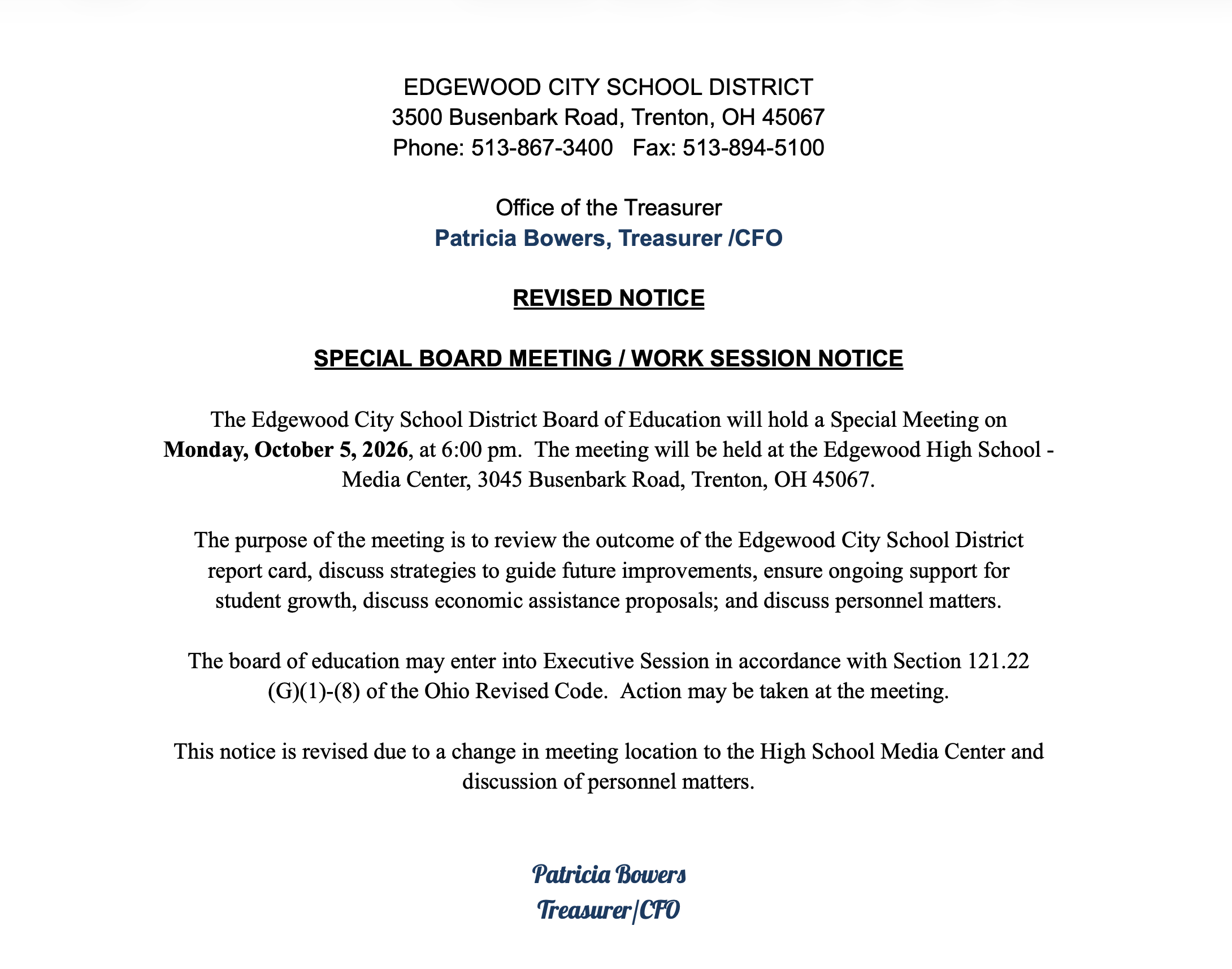 Revised Board Meeting Notice- 10/5/2026