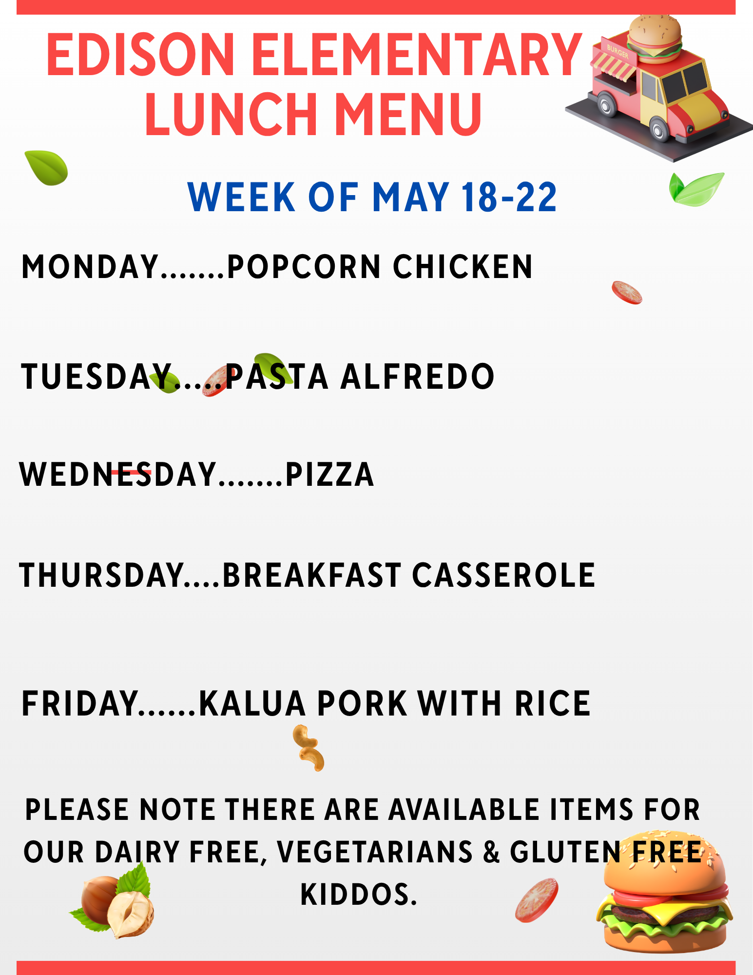 Lunch Menu for the week of May 18 - 22
