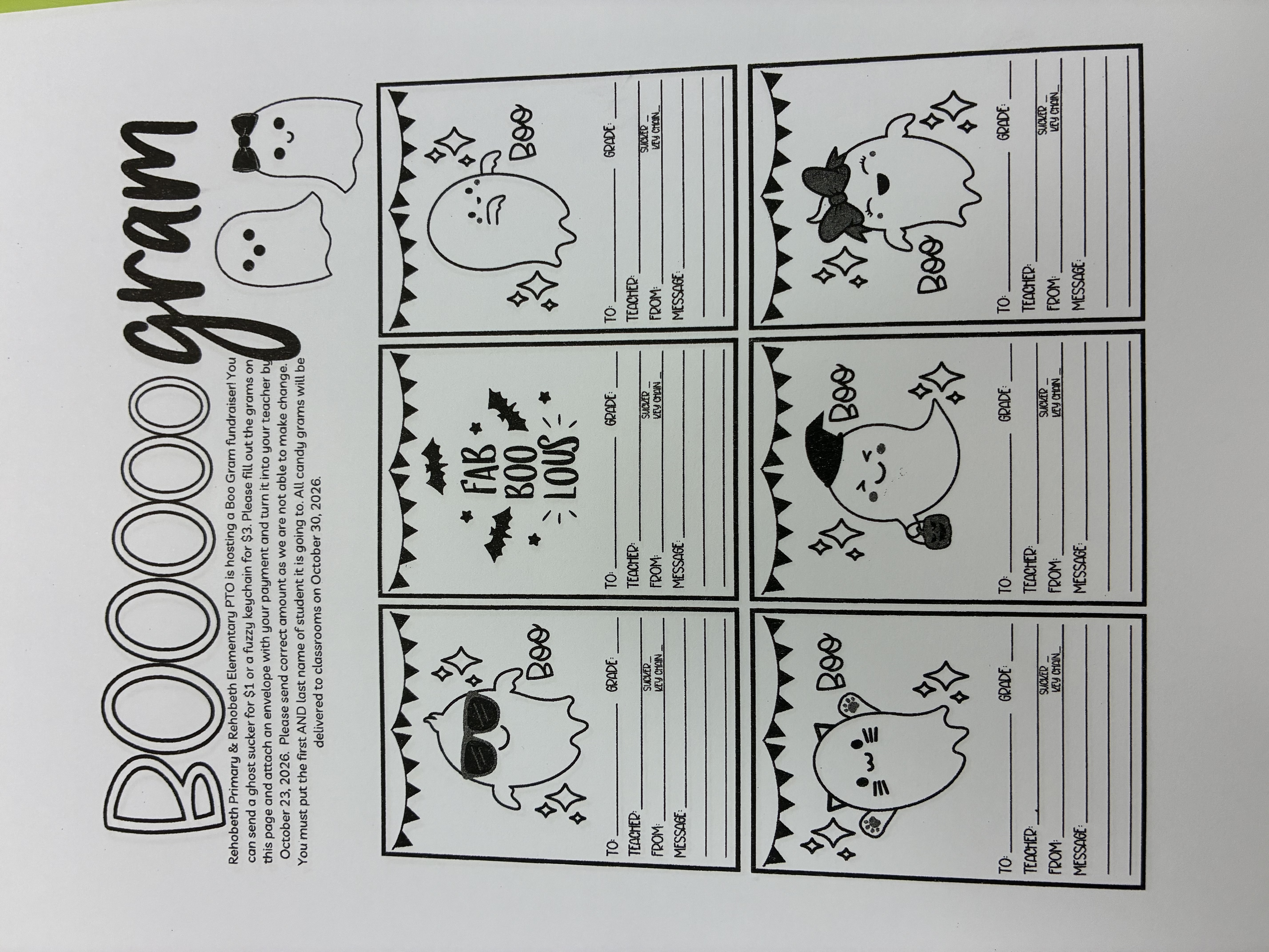 A black-and-white printable flyer titled 'BOOOOOOgram' features six blank Halloween cards to fill out, decorated with cute cartoon ghosts, bats, and stars.