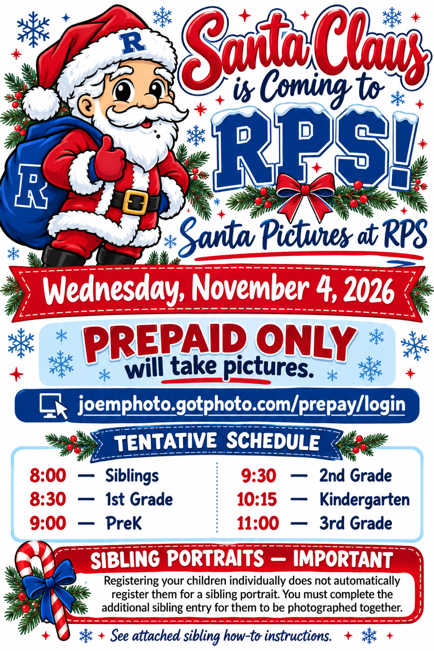 A festive flyer advertises Santa pictures at RPS on Wednesday, November 4, 2026, featuring an illustration of Santa Claus.