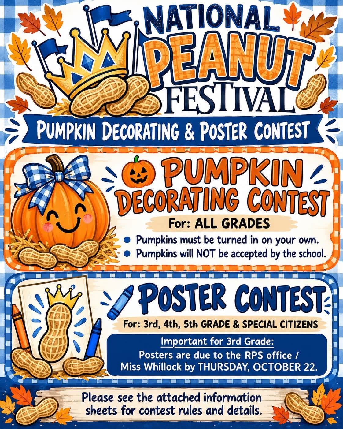 A promotional flyer for the National Peanut Festival Pumpkin Decorating and Poster Contest with autumn-themed illustrations.