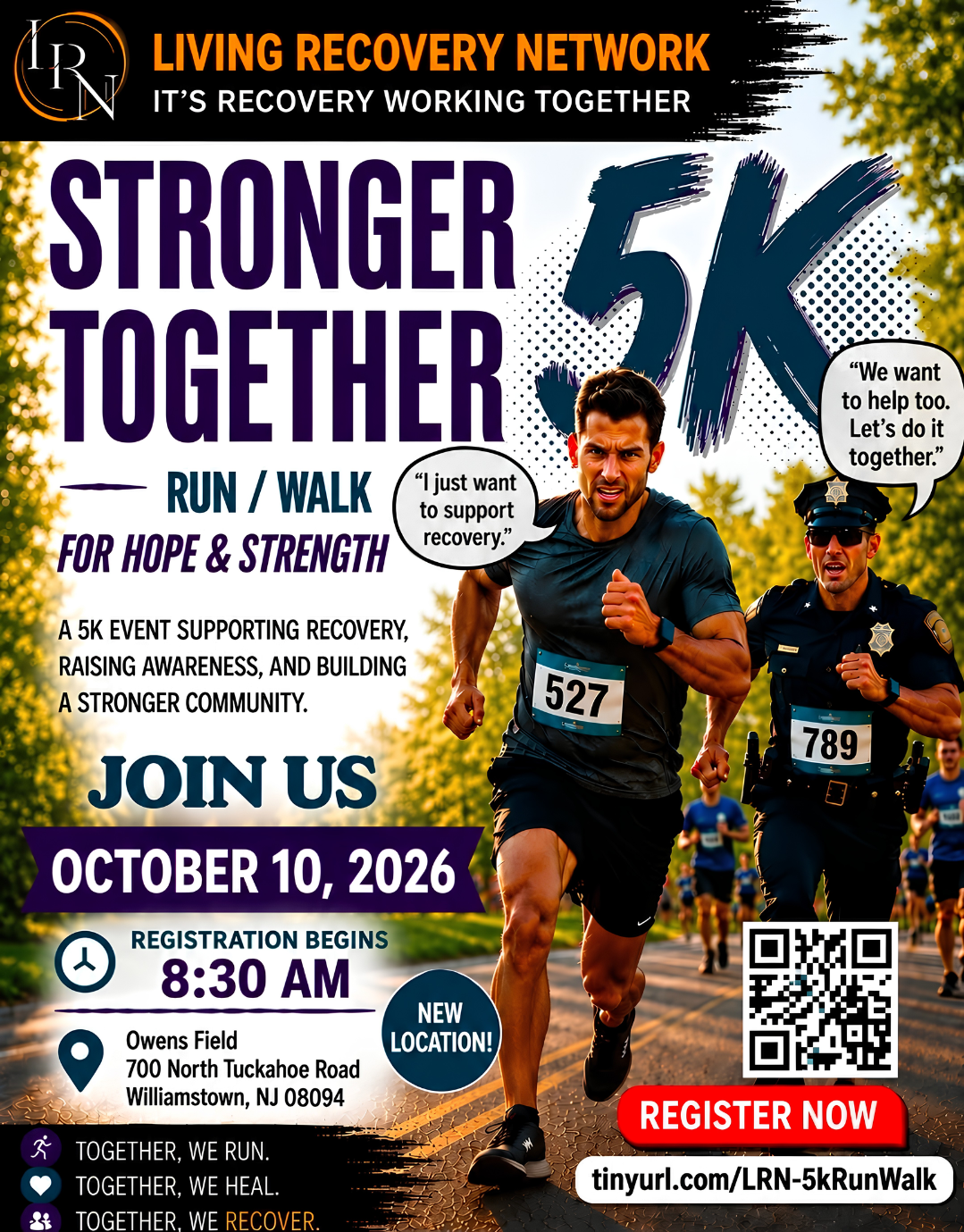 Promotional flyer for the Stronger Together 5K run/walk event on October 10, 2026, featuring runners on a sunny path.