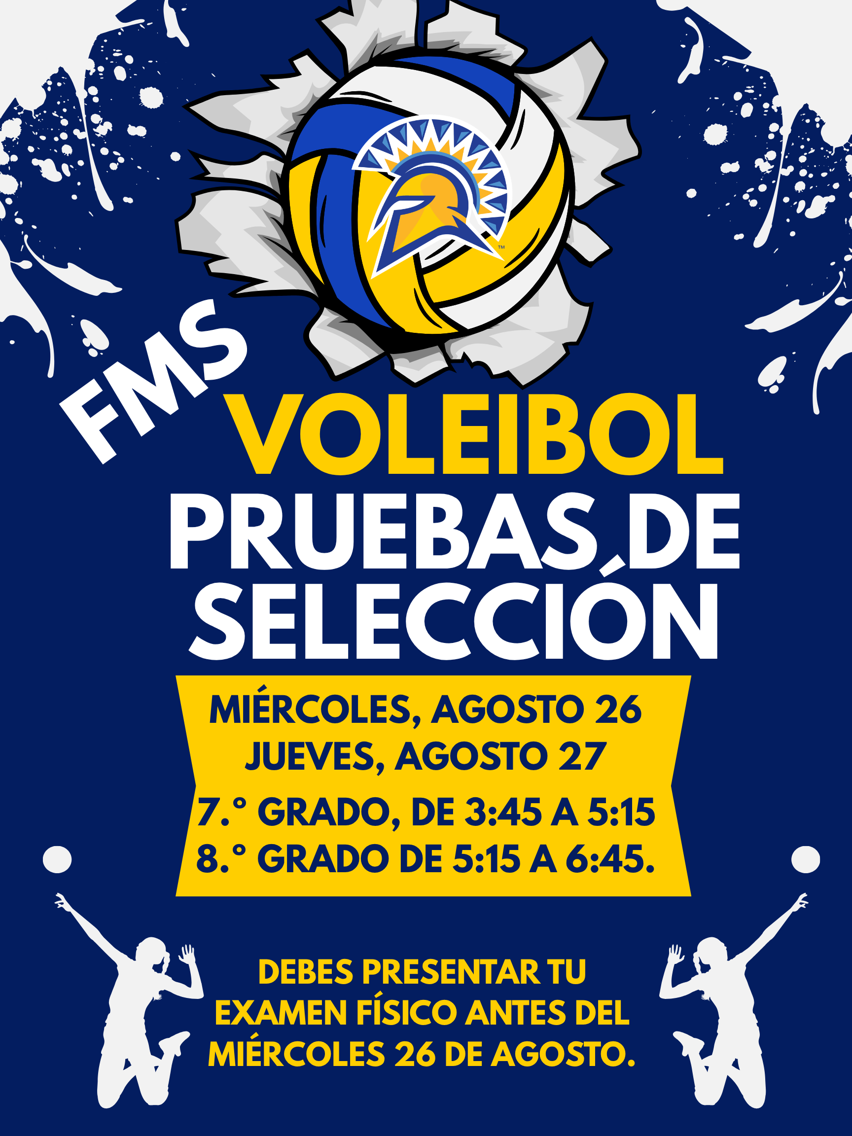 Volleyball tryouts announcement poster with dates and times for 7th and 8th grade.