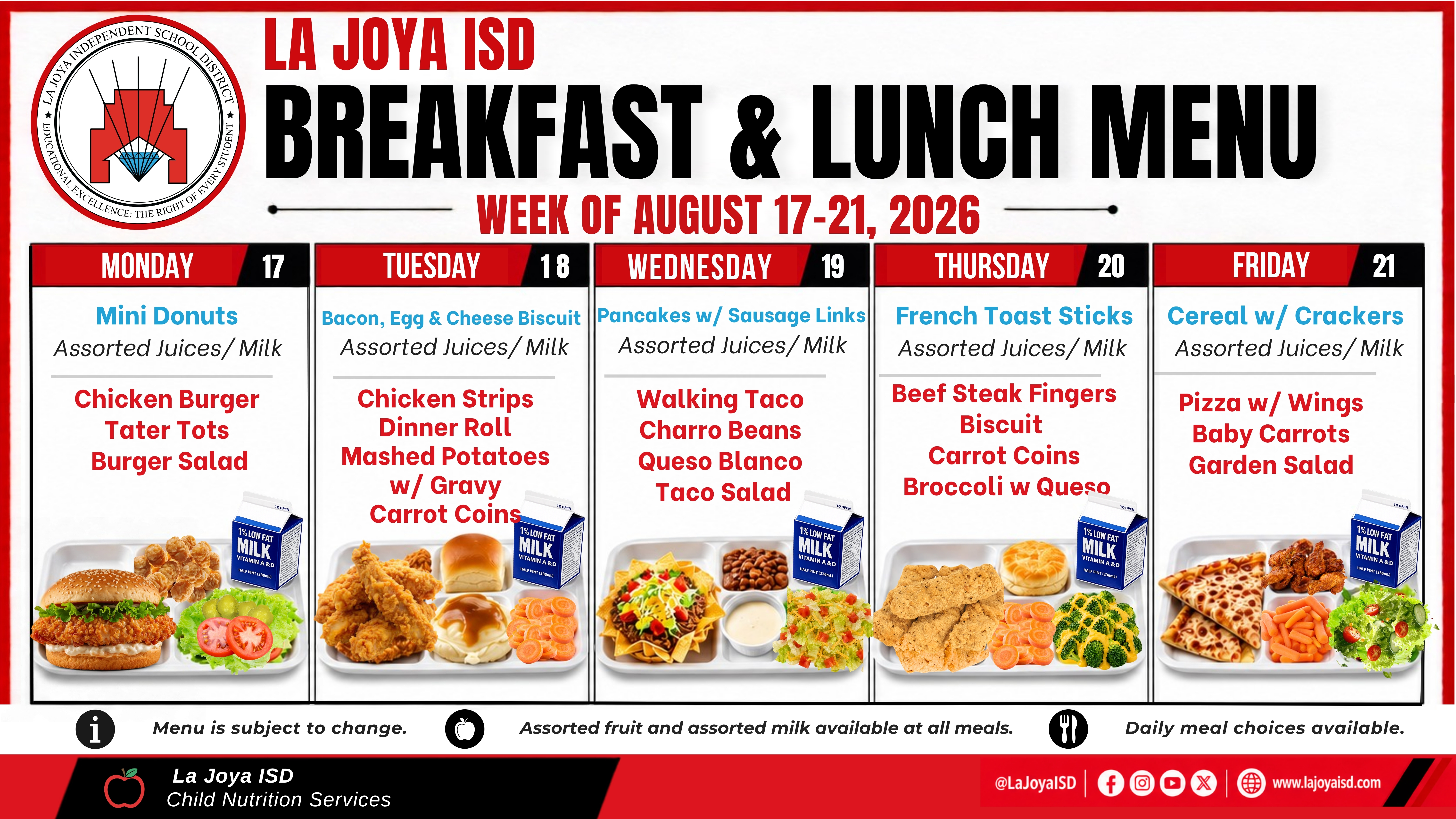 🍎📚 La Joya ISD Families, the Breakfast & Lunch Menu for the week of August 17–21 is here! 