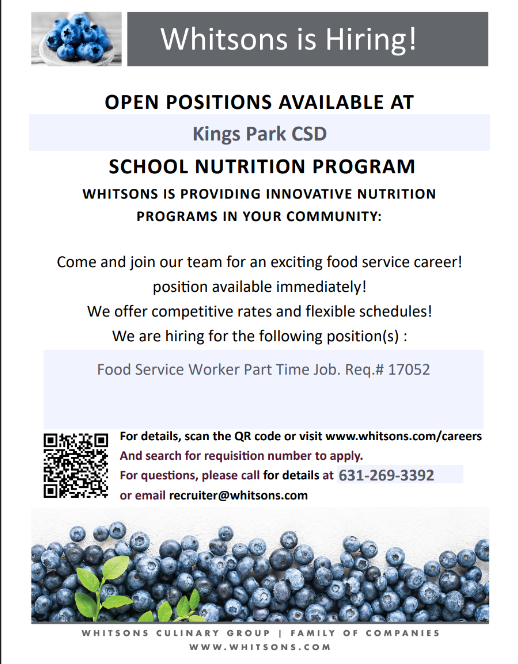 Whitsons is HIRING Food Service workers in Kings Park!