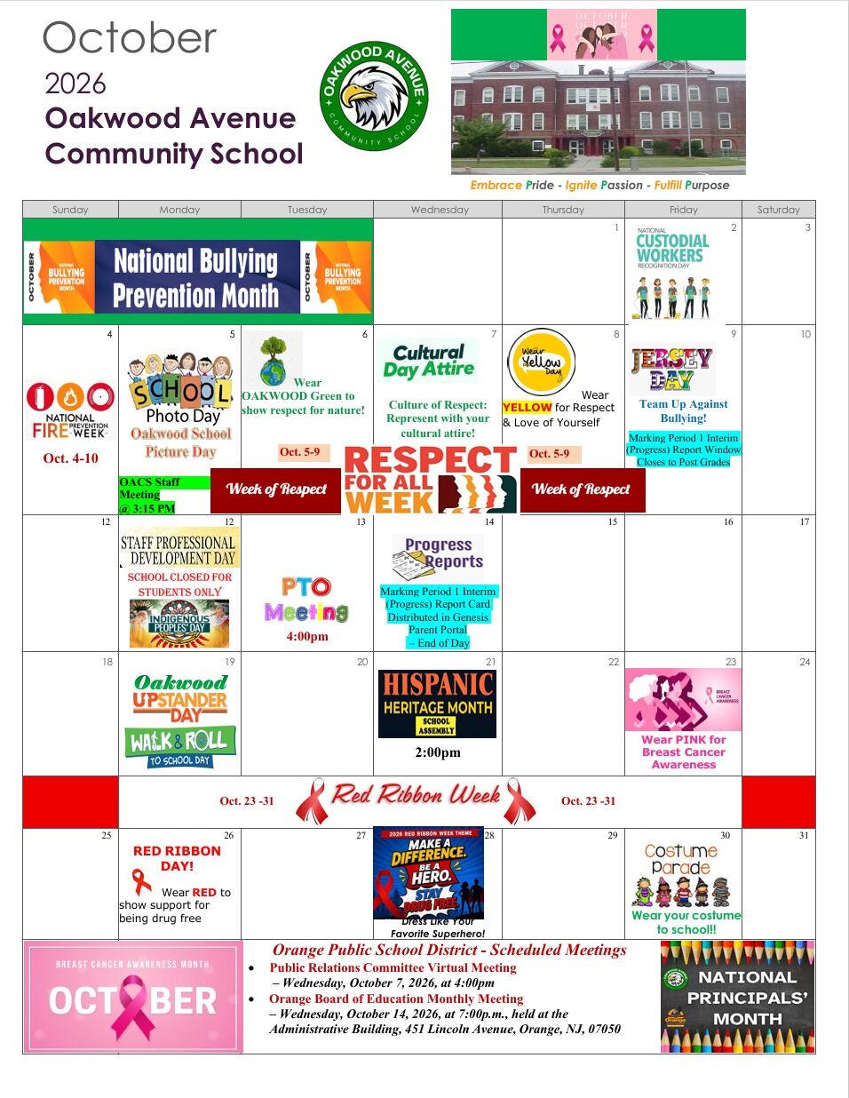 Oakwood Avenue Community School October Calendar of Events 