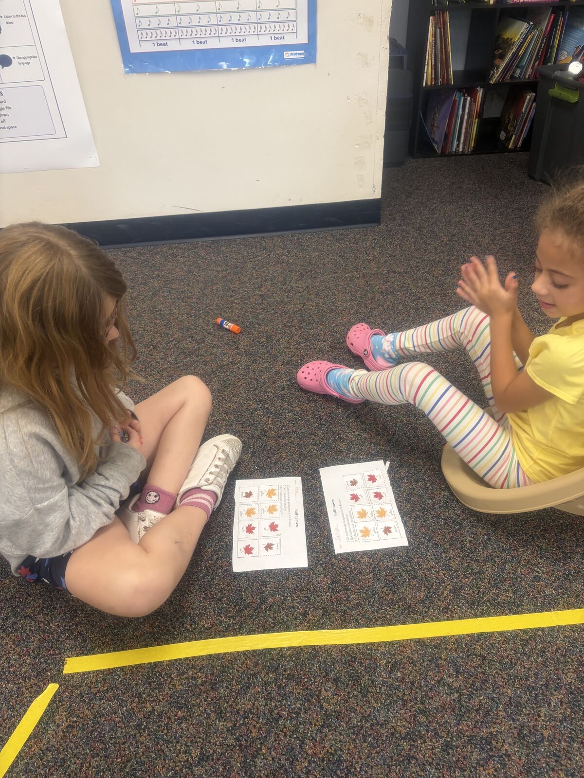First Graders in Music Class working on leaf and color compositions!