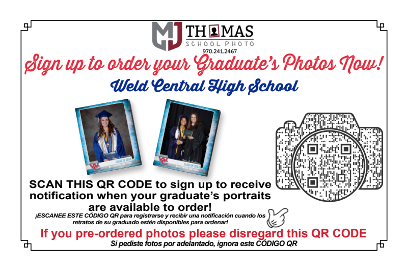 MJ Thomas School Photo advertisement for Weld Central High School graduates' portraits.