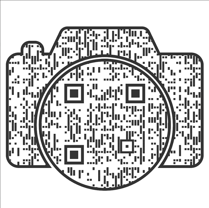A stylized black and white illustration of a camera silhouette filled with a QR code.