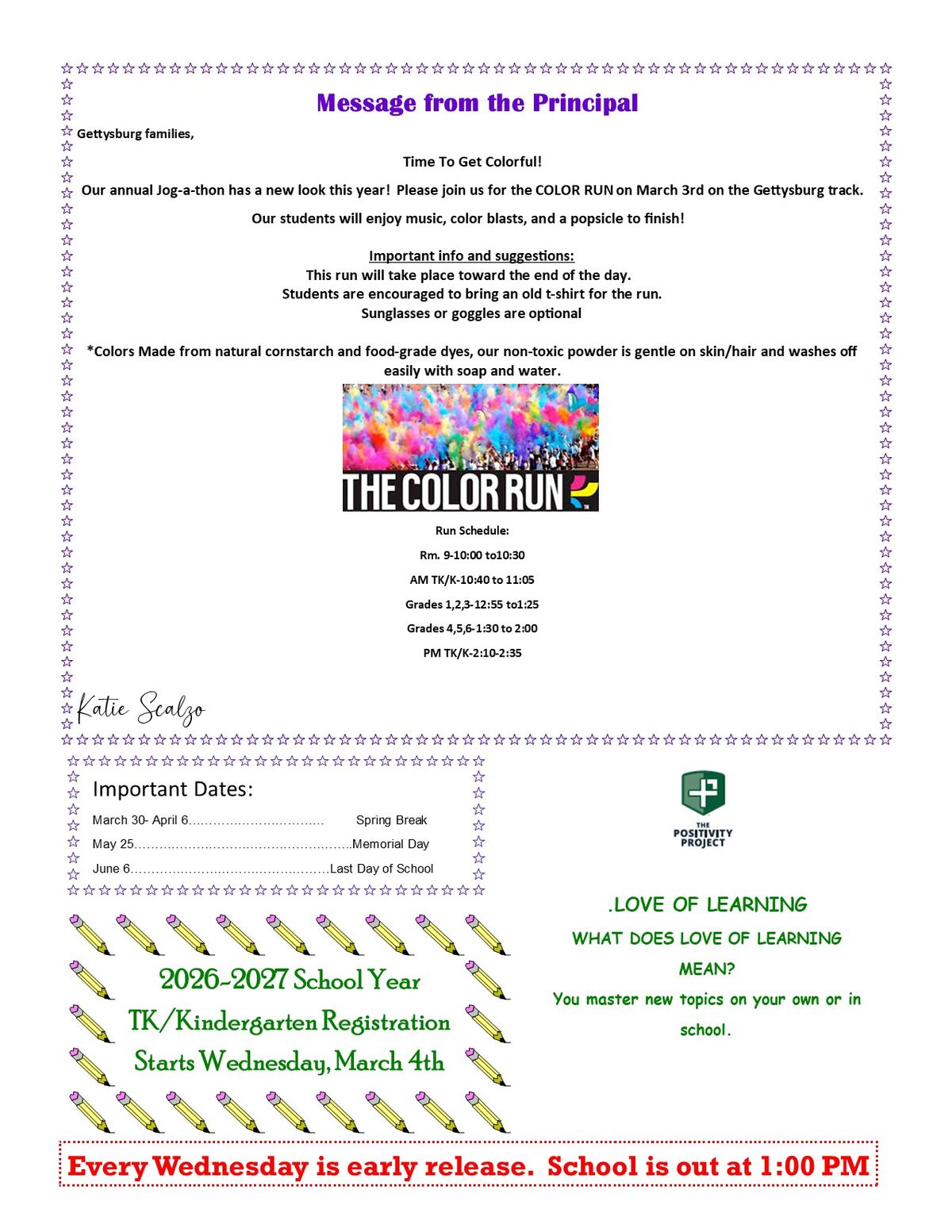 A flyer announces the 'Color Run' event for Gettysburg families, featuring a colorful image of participants covered in powder.