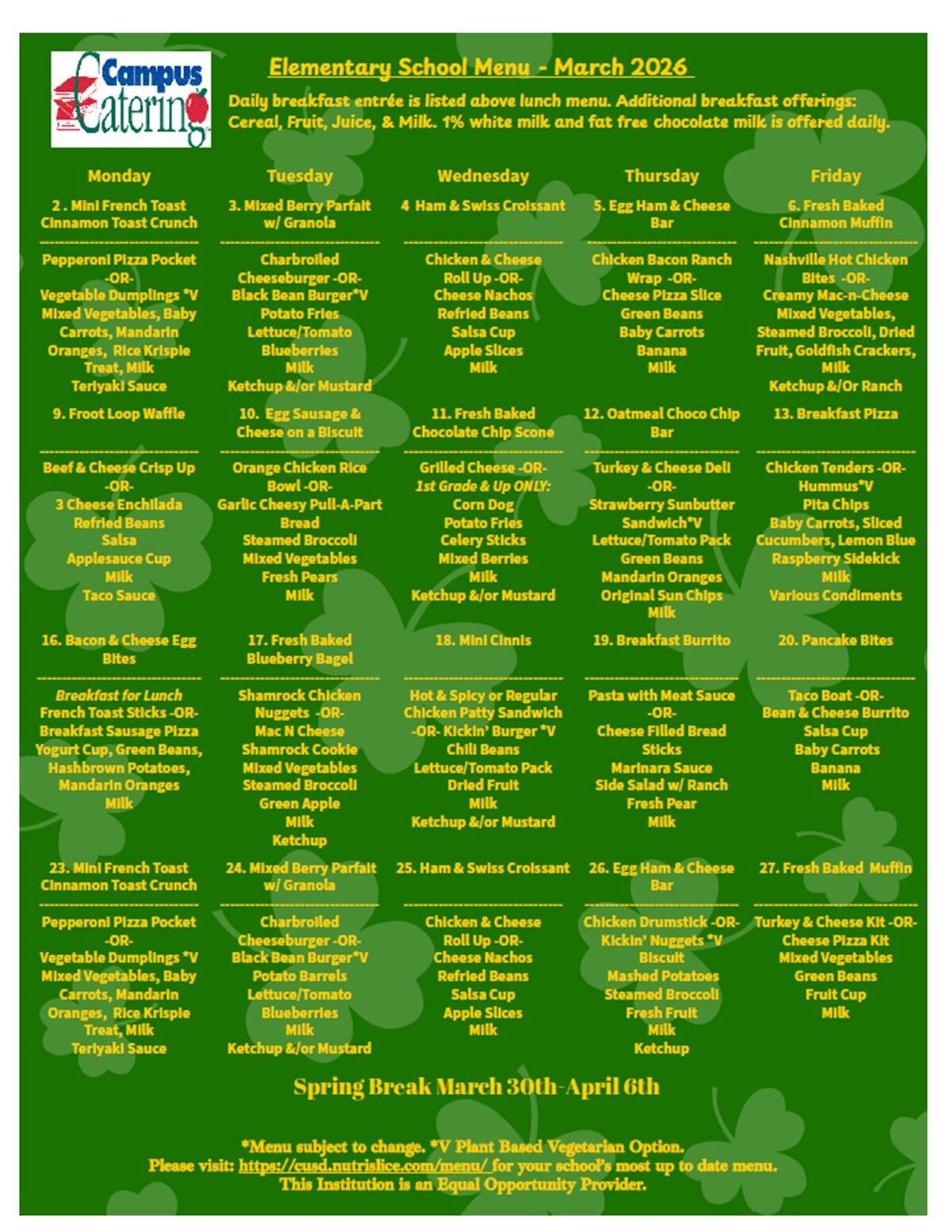 Elementary School Menu for March 2026, listing daily breakfast and lunch options by day.