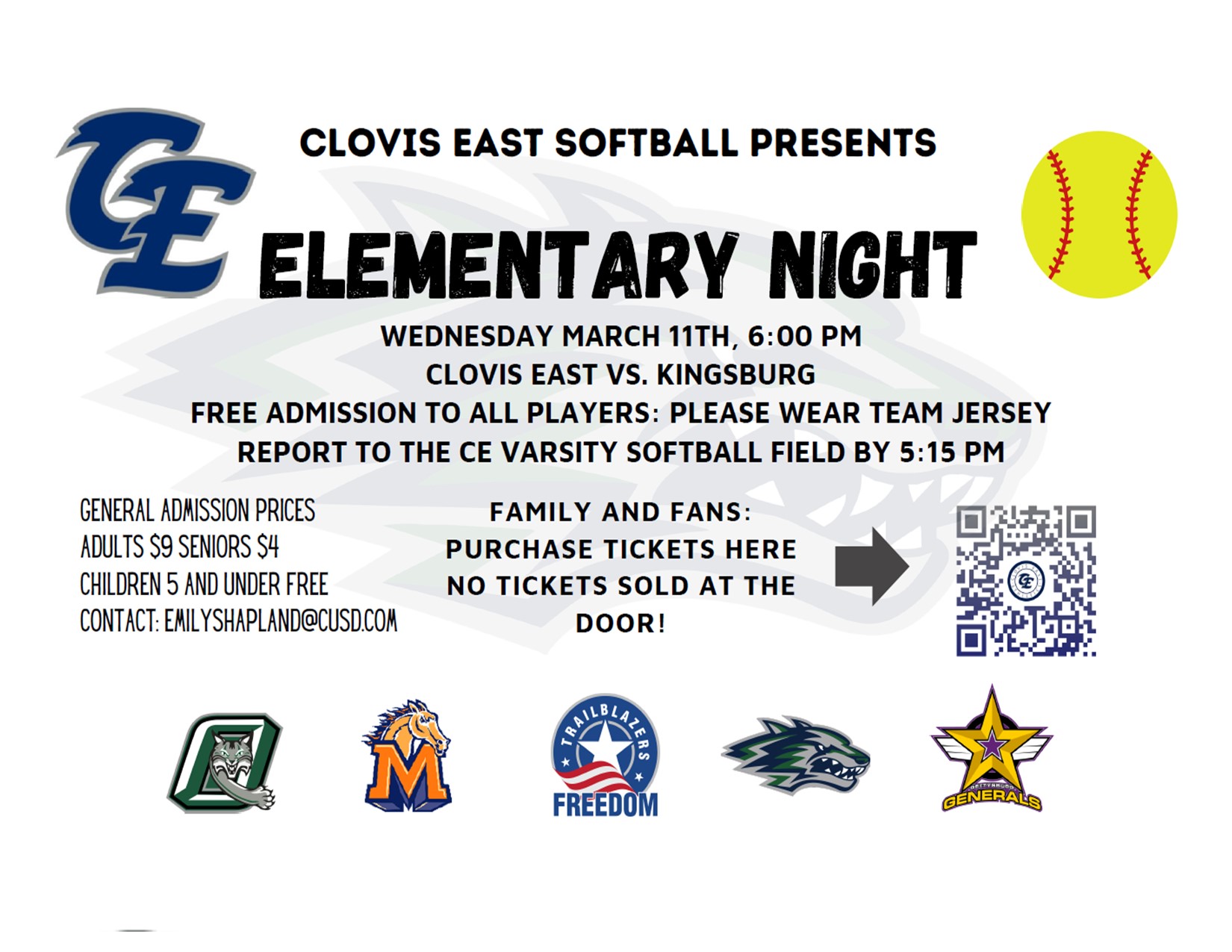 Clovis East Softball presents Elementary Night on Wednesday, March 11th at 6:00 PM, featuring Clovis East vs. Kingsburg.