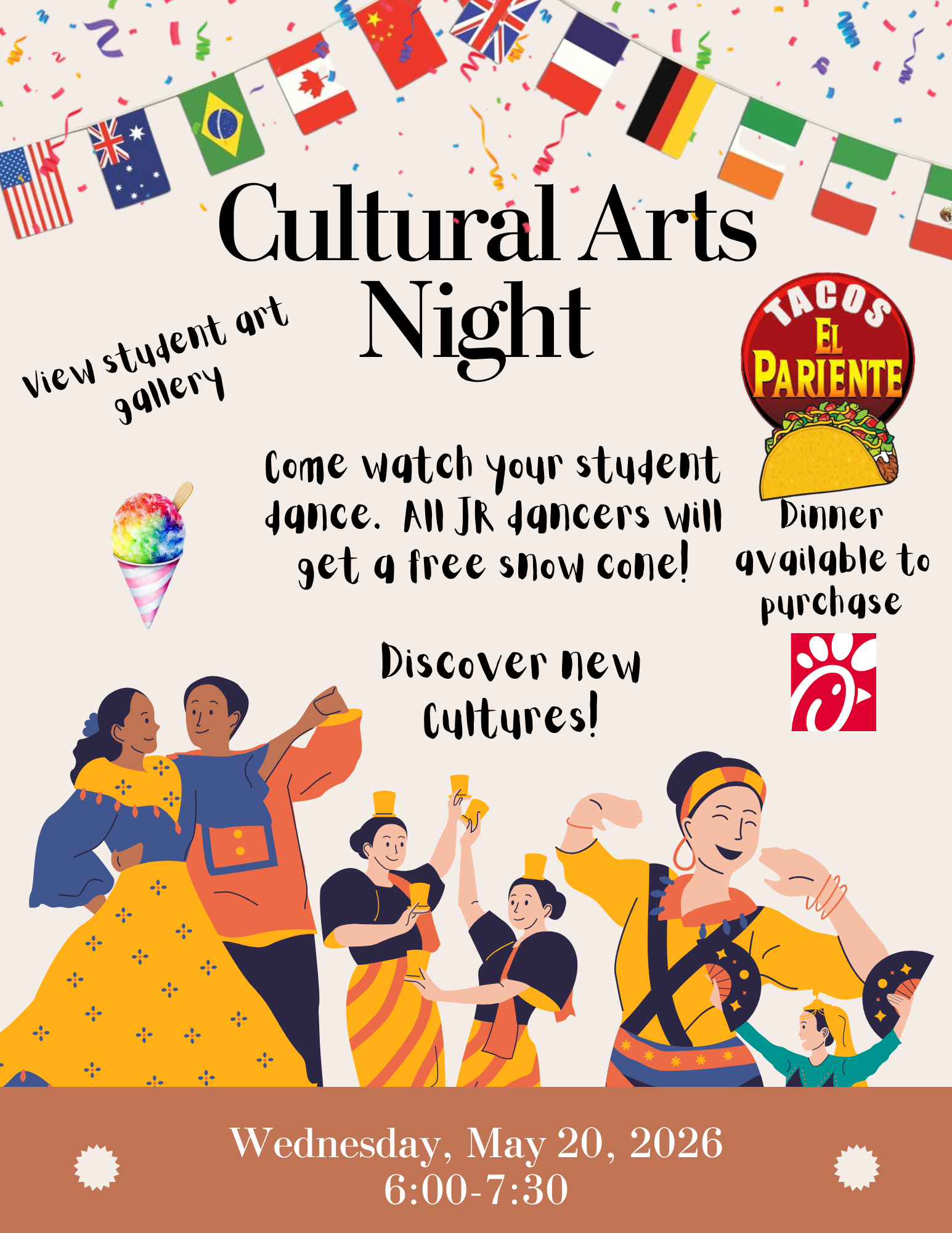 Poster for Cultural Arts Night on Wednesday, May 20, 2026, featuring dancing, student art, and food.