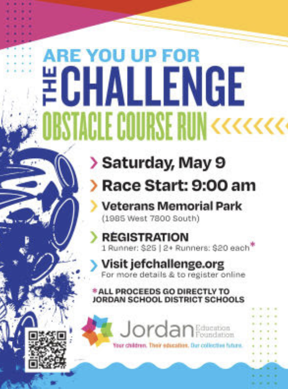 Poster for the 'Challenge Obstacle Course Run' on Saturday, May 9, starting at 9:00 am at Veterans Memorial Park.