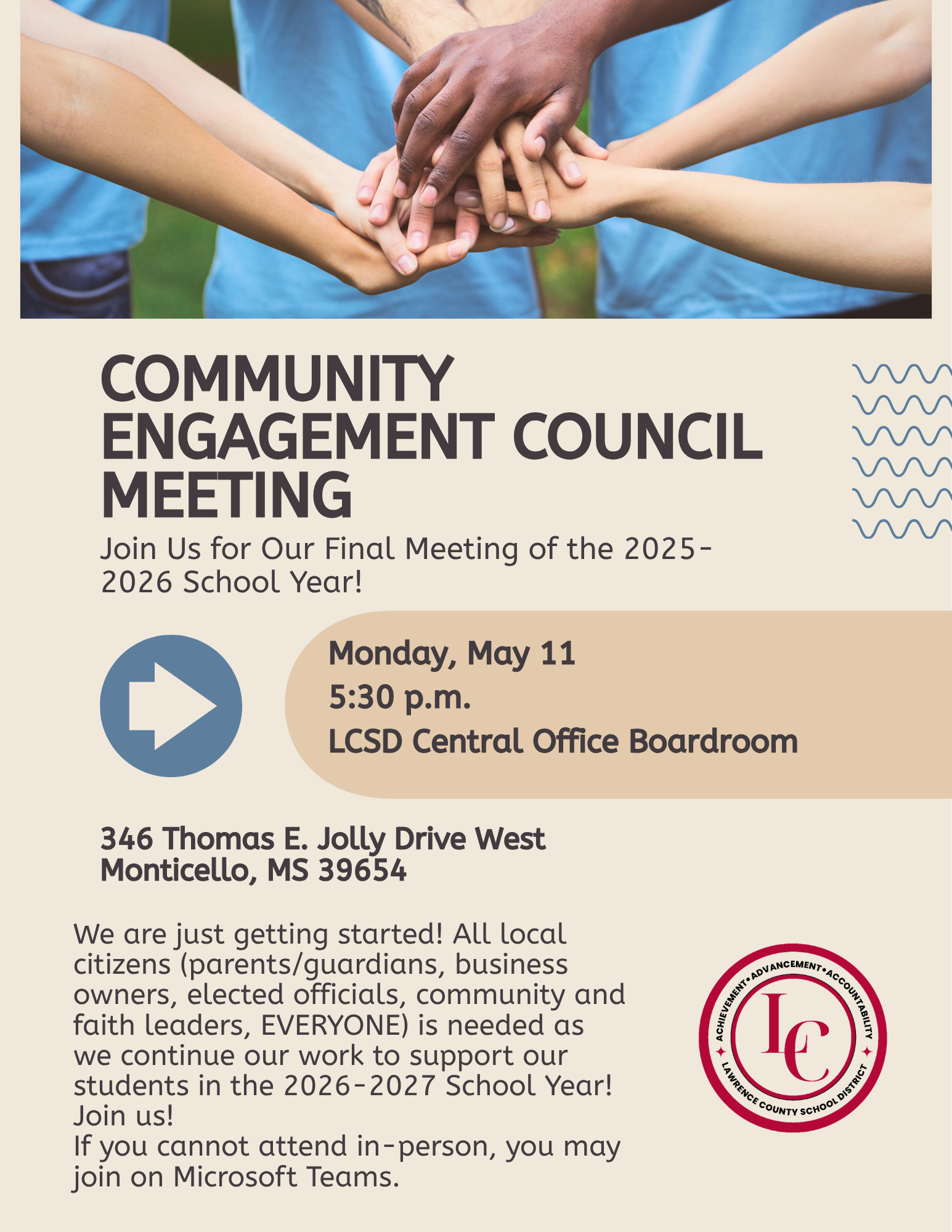 A flyer announces a Community Engagement Council Meeting on Monday, May 11 at 5:30 p.m. in the LCSD Central Office Boardroom.