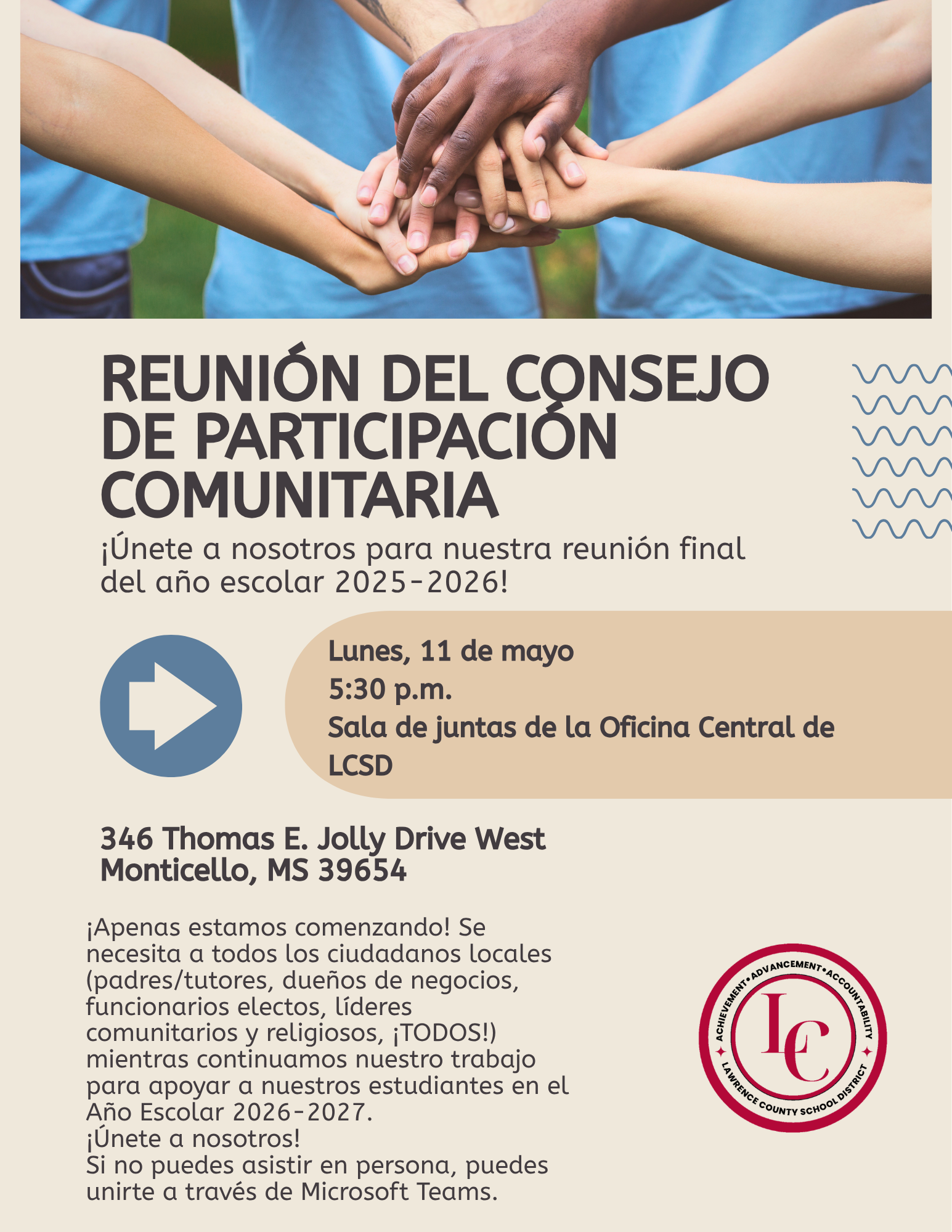 Poster announcing a Community Participation Council meeting on Monday, May 11th at 5:30 PM at LCSD Central Office.