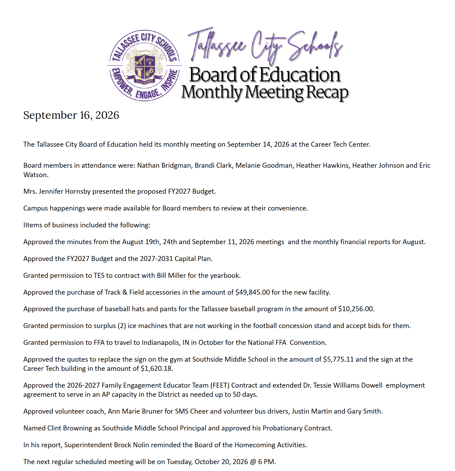 September 14, 2026 Board Meeting Recap