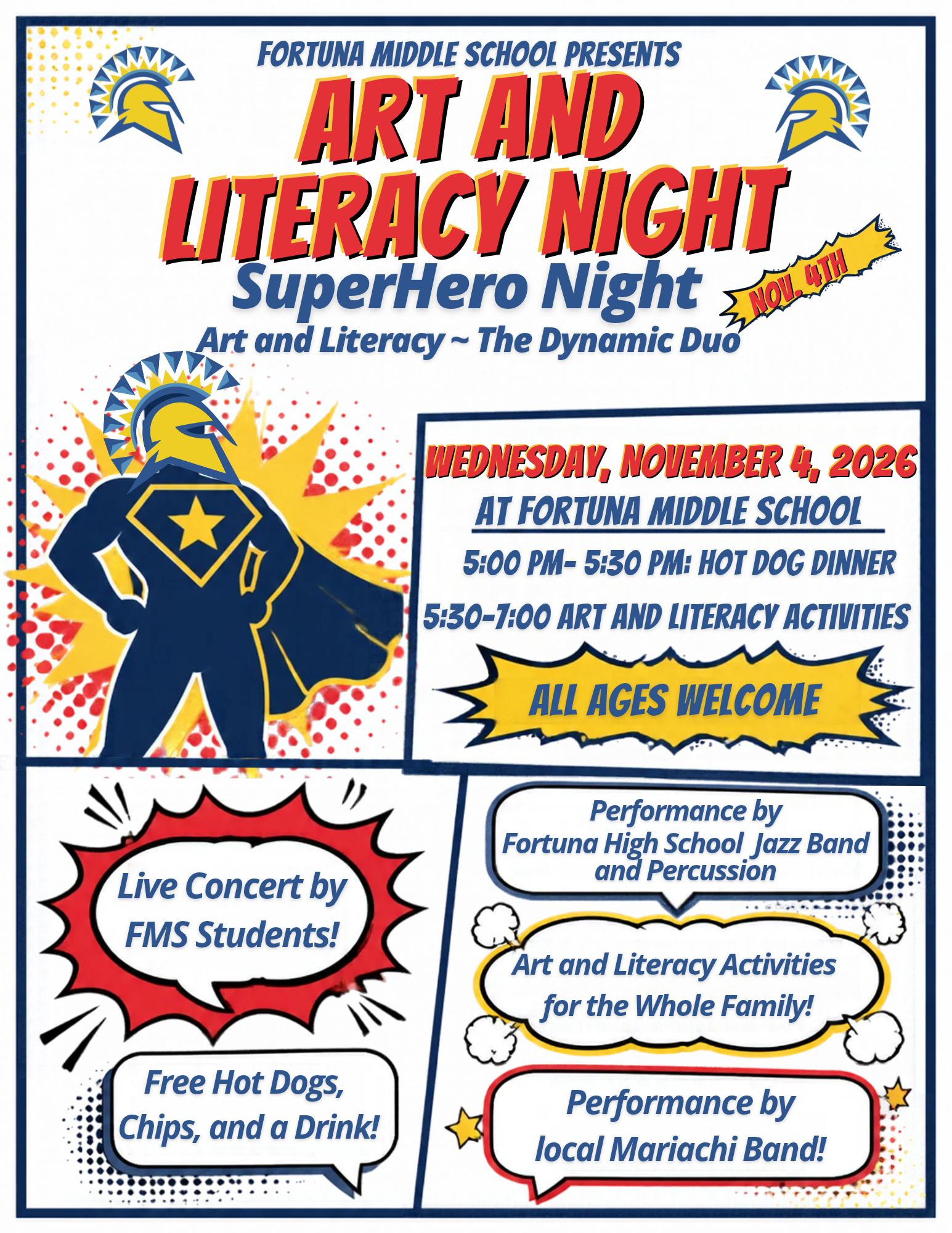 Everyone is Invited to the FMS Art and Literacy Night on November 4! Free Hot Dogs and Fun for the Whole Family! 🦸🏻‍♀️ 📚🦸🏽‍♂️