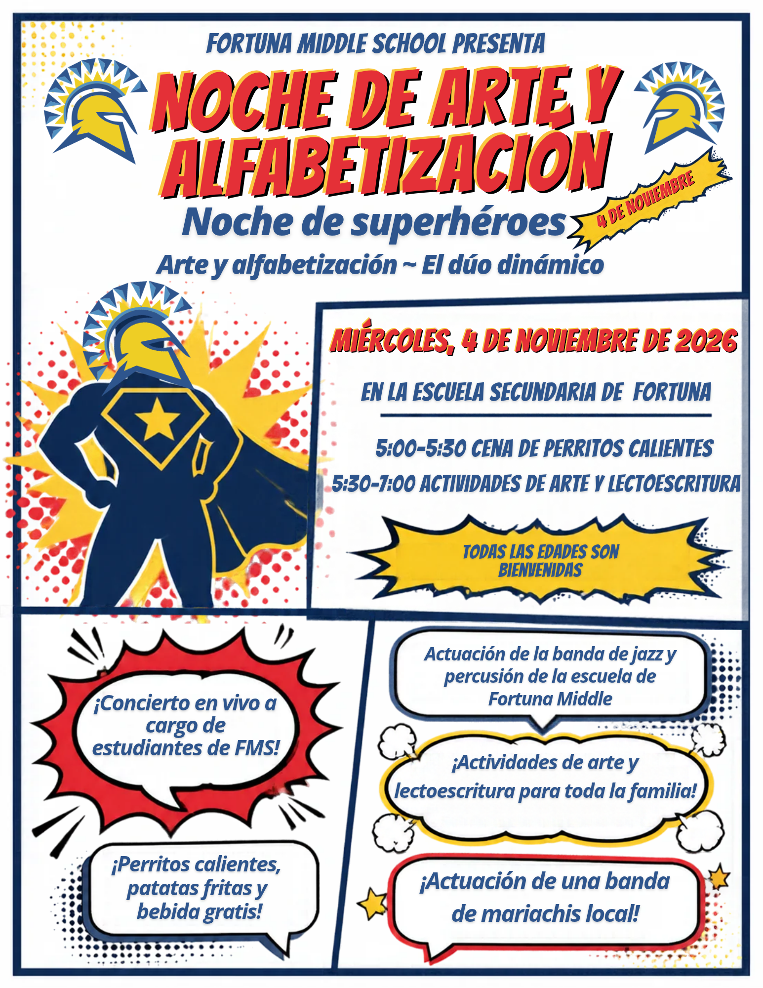 A promotional flyer for a school event featuring a superhero theme, written in Spanish with details about date, time, and activities.