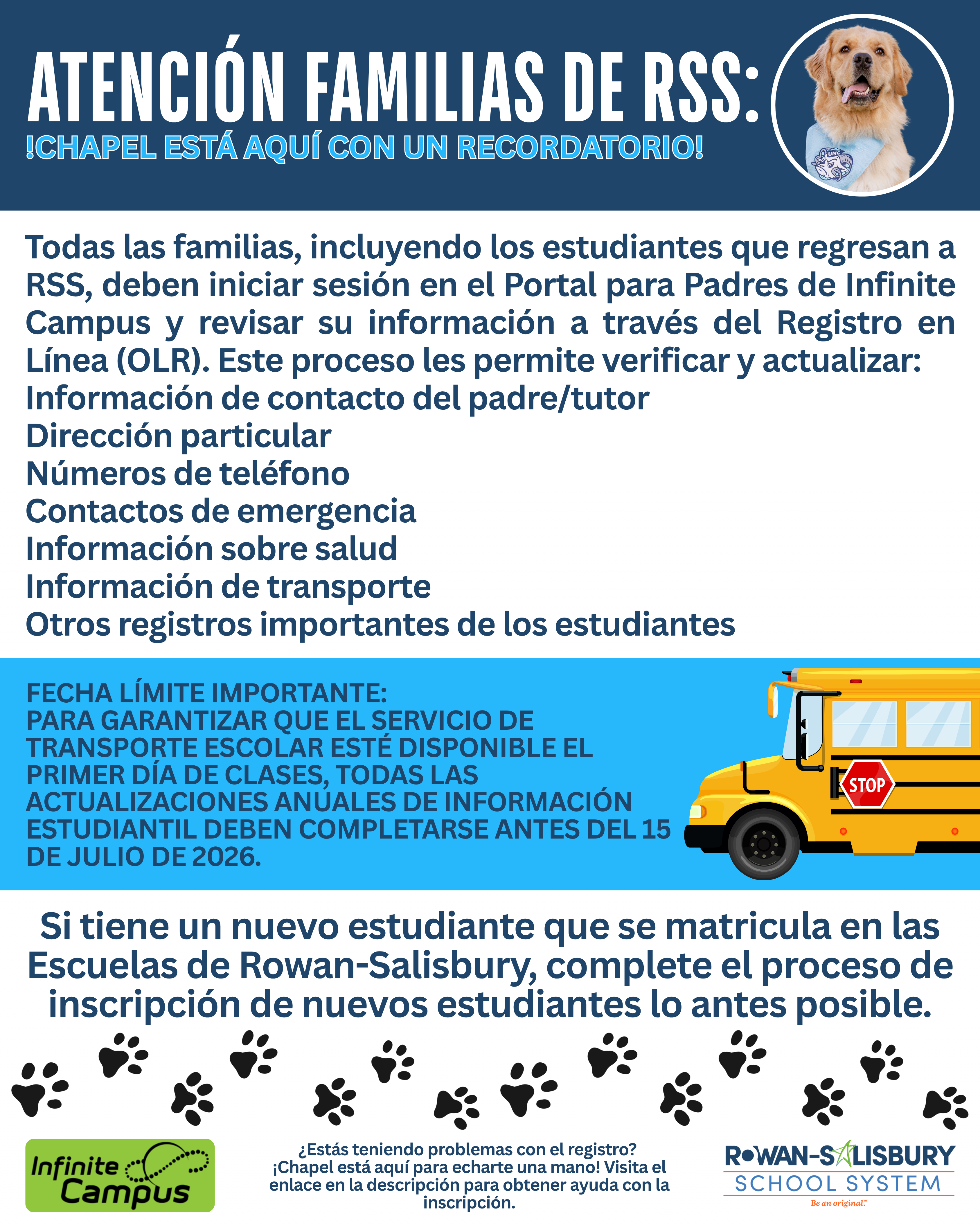 A golden retriever wearing a light blue bandana looks directly at the viewer, with the text 'ATENCIÓN FAMILIAS DE RSS' above.