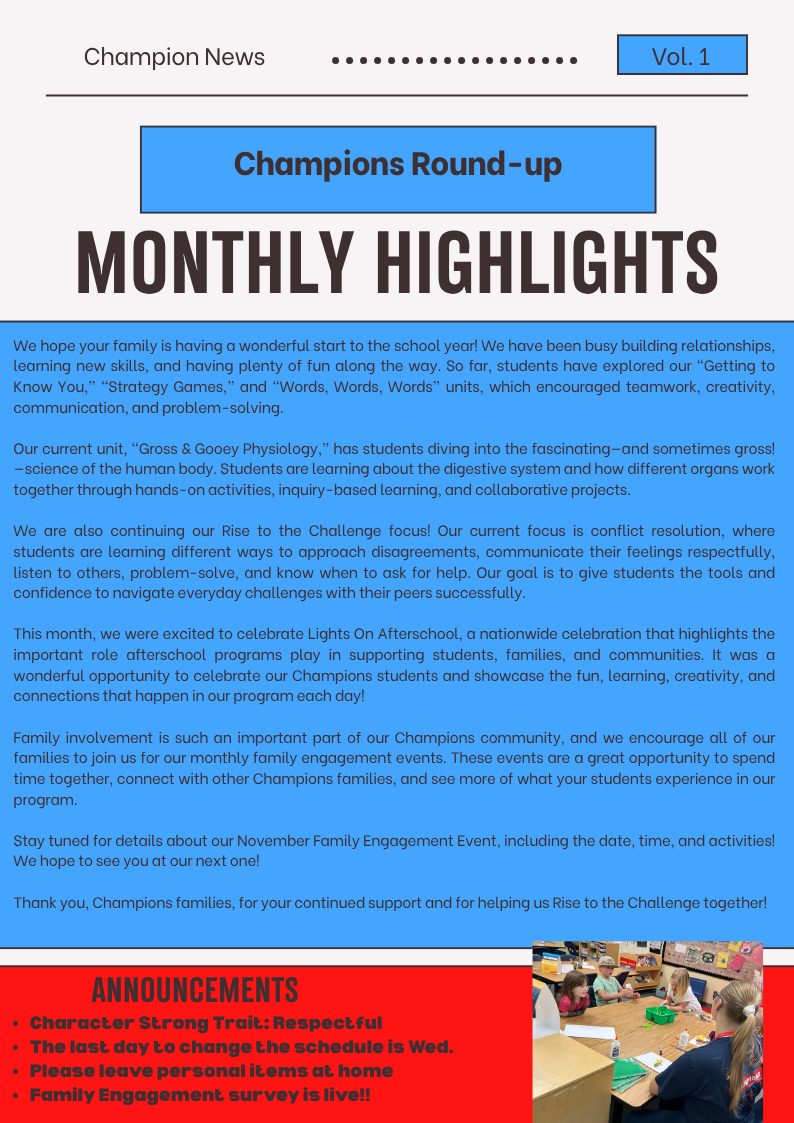 A digital newsletter titled "Champion News, Vol. 1" featuring monthly highlights, school updates, and announcements.